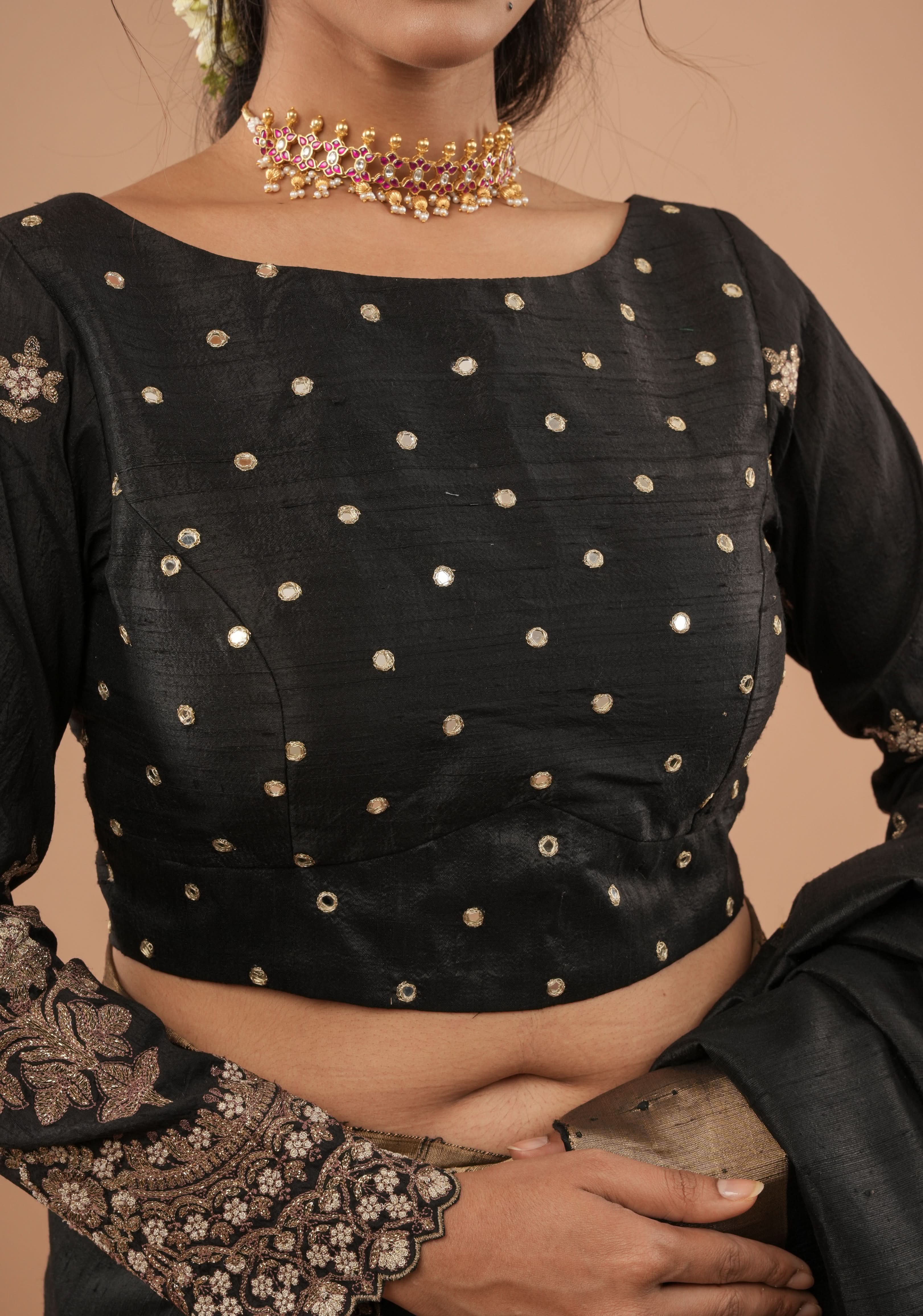 Black pure raw silk blouse with full sleeves, mirror and embroidery, v shape sheer back, Made to Order | Shobitam