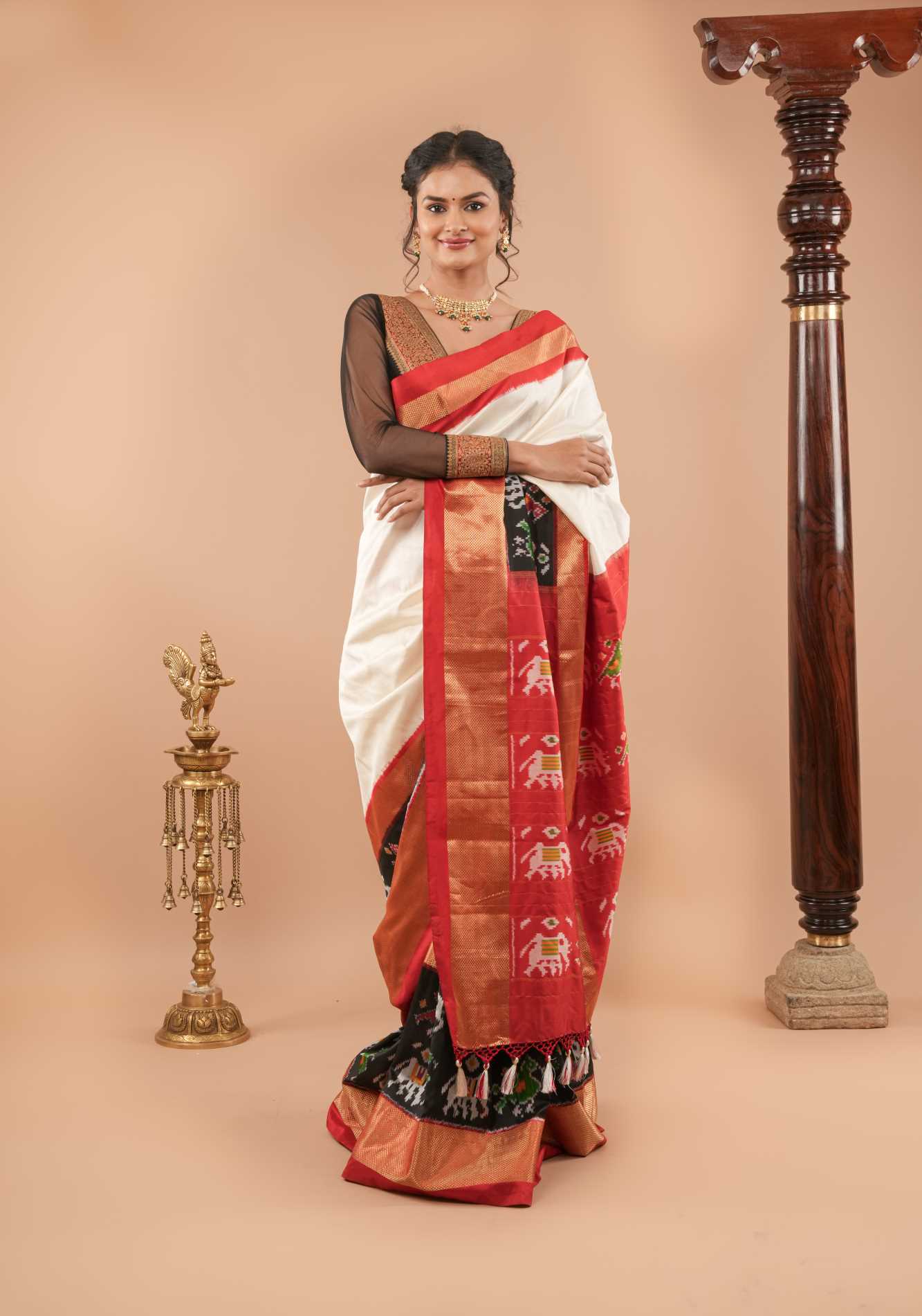 Pre Drape Statement Ikkat Pure Silk Saree with Panel design in off White, red, Black and Gold| SILK MARK CERTIFIED