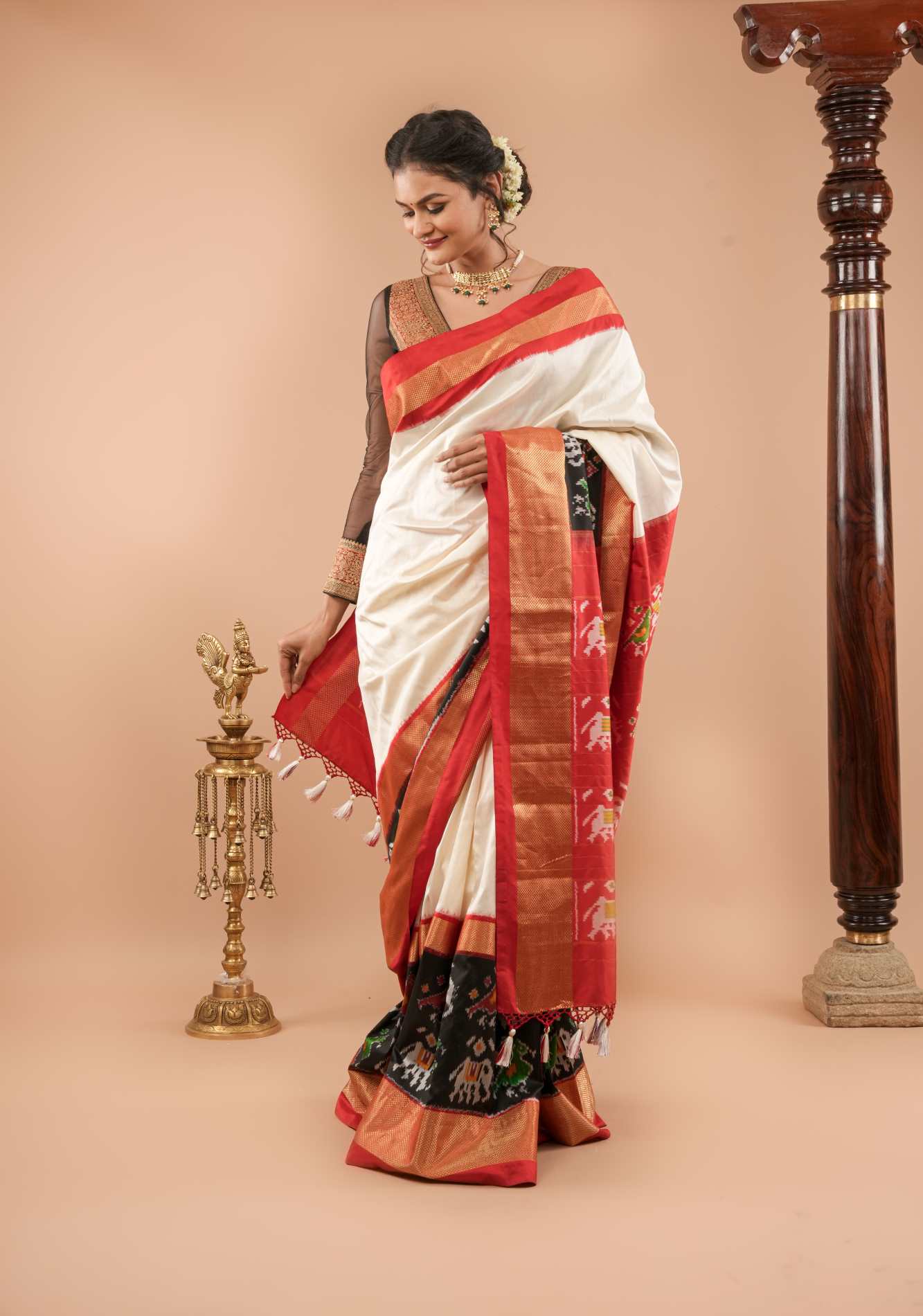 Pre Drape Statement Ikkat Pure Silk Saree with Panel design in off White, red, Black and Gold| SILK MARK CERTIFIED