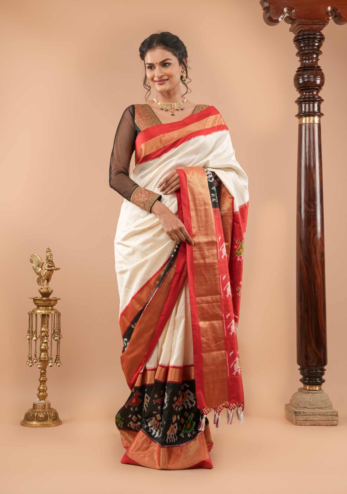 Pre Drape Statement Ikkat Pure Silk Saree with Panel design in off White, red, Black and Gold| SILK MARK CERTIFIED