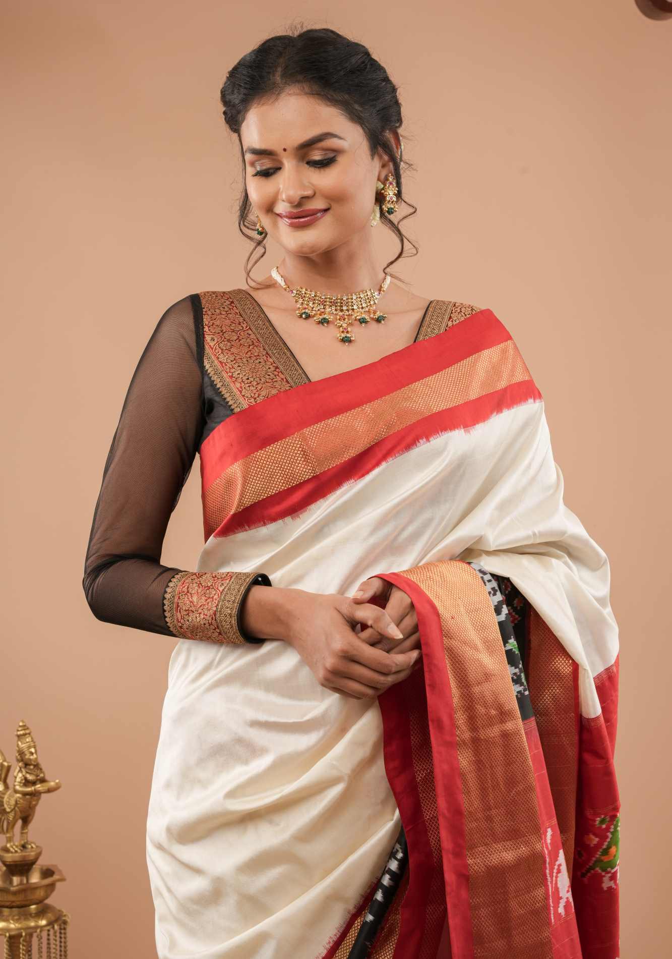 Pre Drape Statement Ikkat Pure Silk Saree with Panel design in off White, red, Black and Gold| SILK MARK CERTIFIED