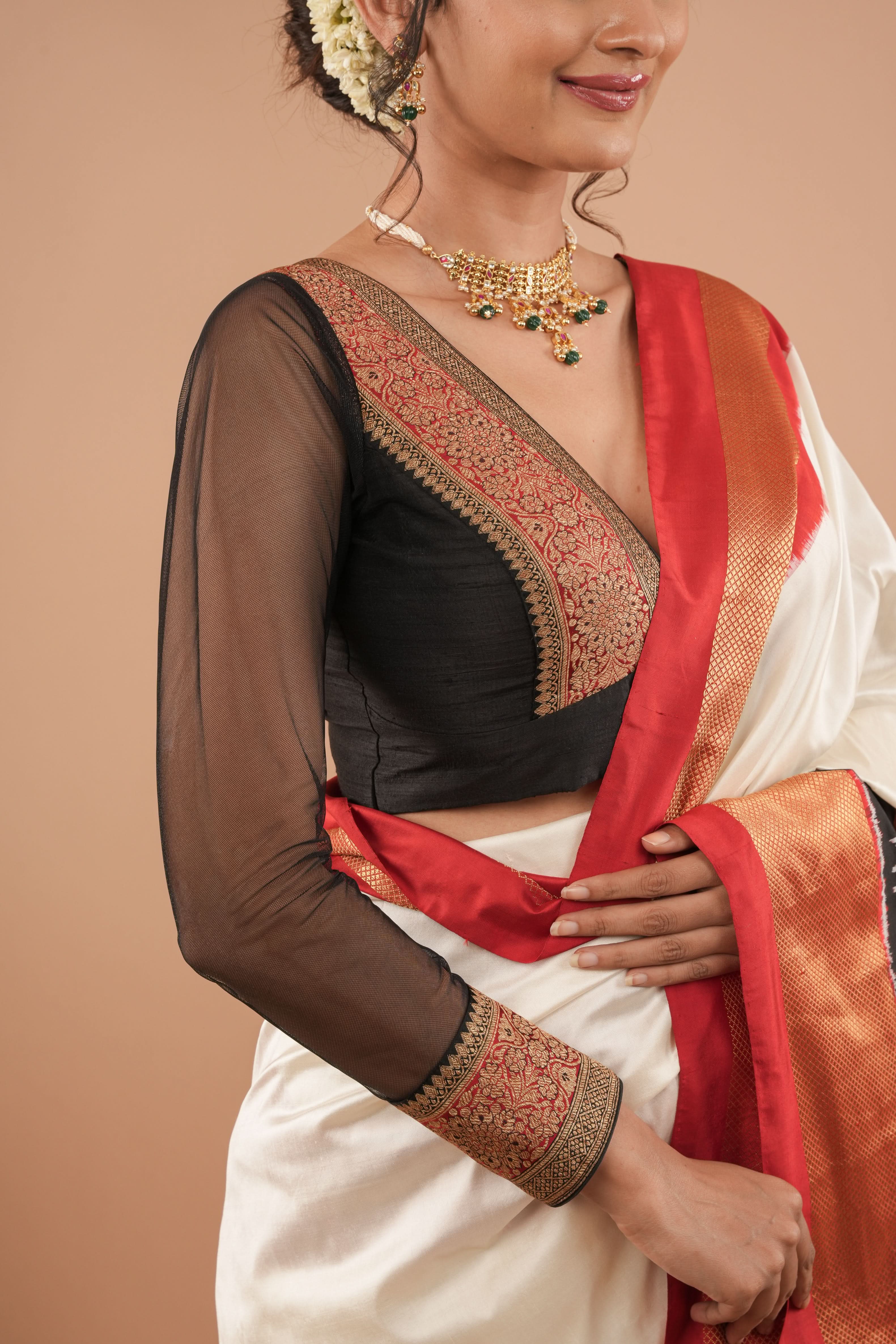 Black red and antique gold plunge neck sheer sleeve blouse, Customizable, Made to Order | Shobitam