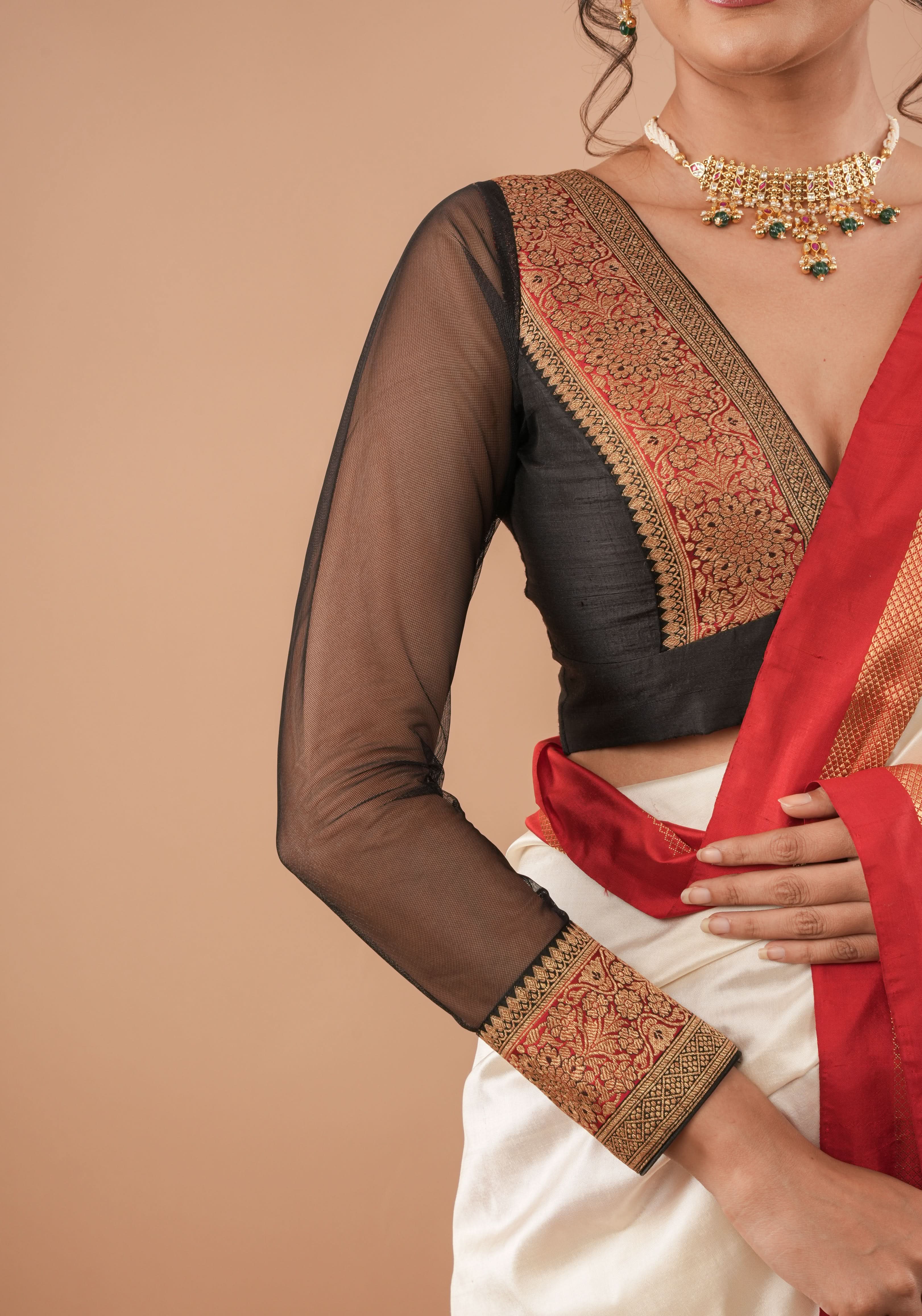 Black red and antique gold plunge neck sheer sleeve blouse, Customizable, Made to Order | Shobitam