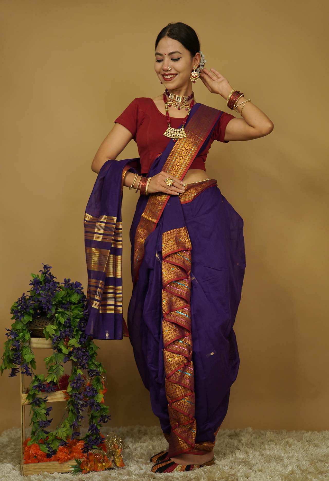 Ready To Wear Maharashtrian Style contrast Traditional Print border With Stone Embellished  Nauwari Saree