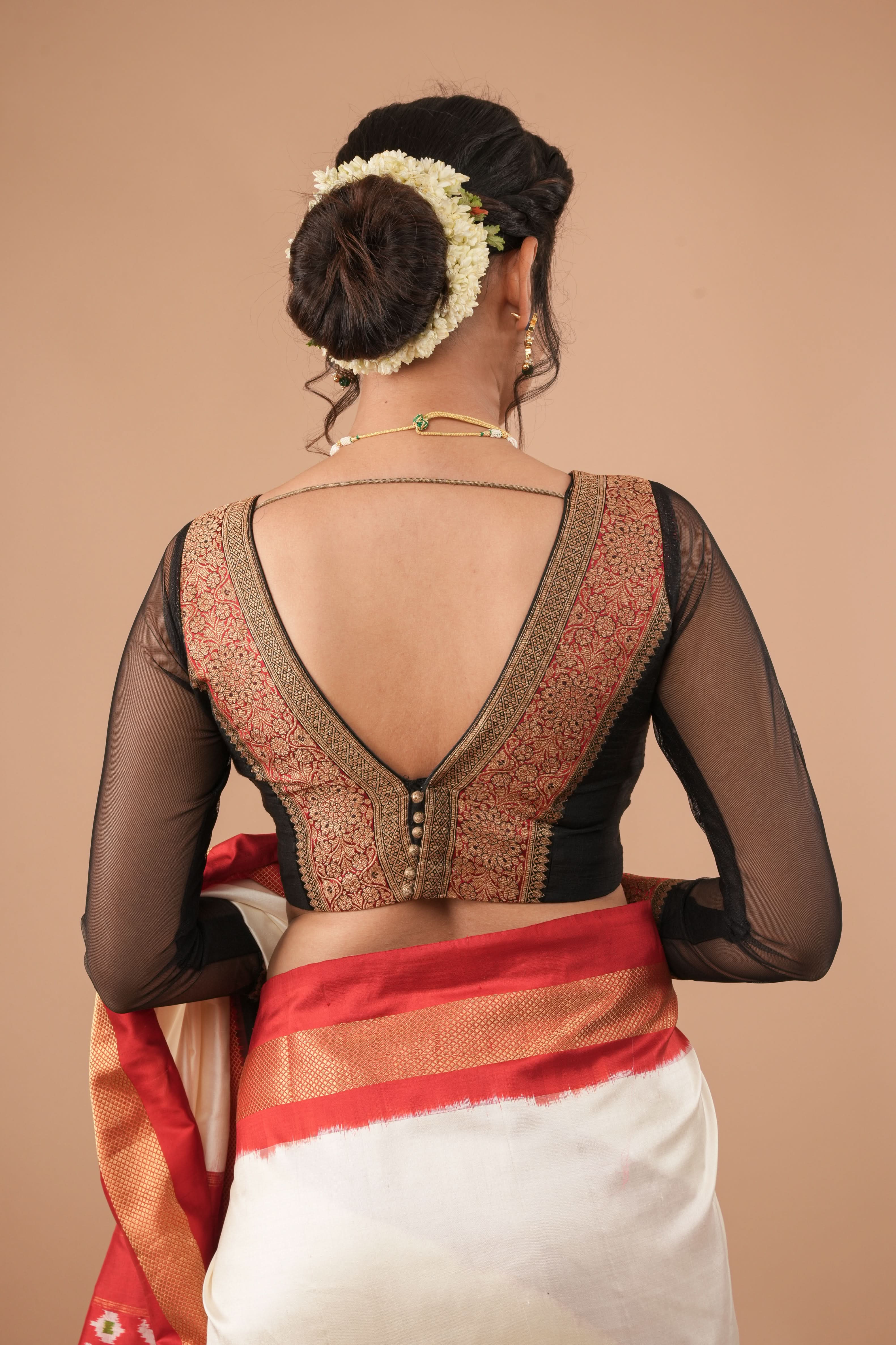 Black red and antique gold plunge neck sheer sleeve blouse, Customizable, Made to Order | Shobitam