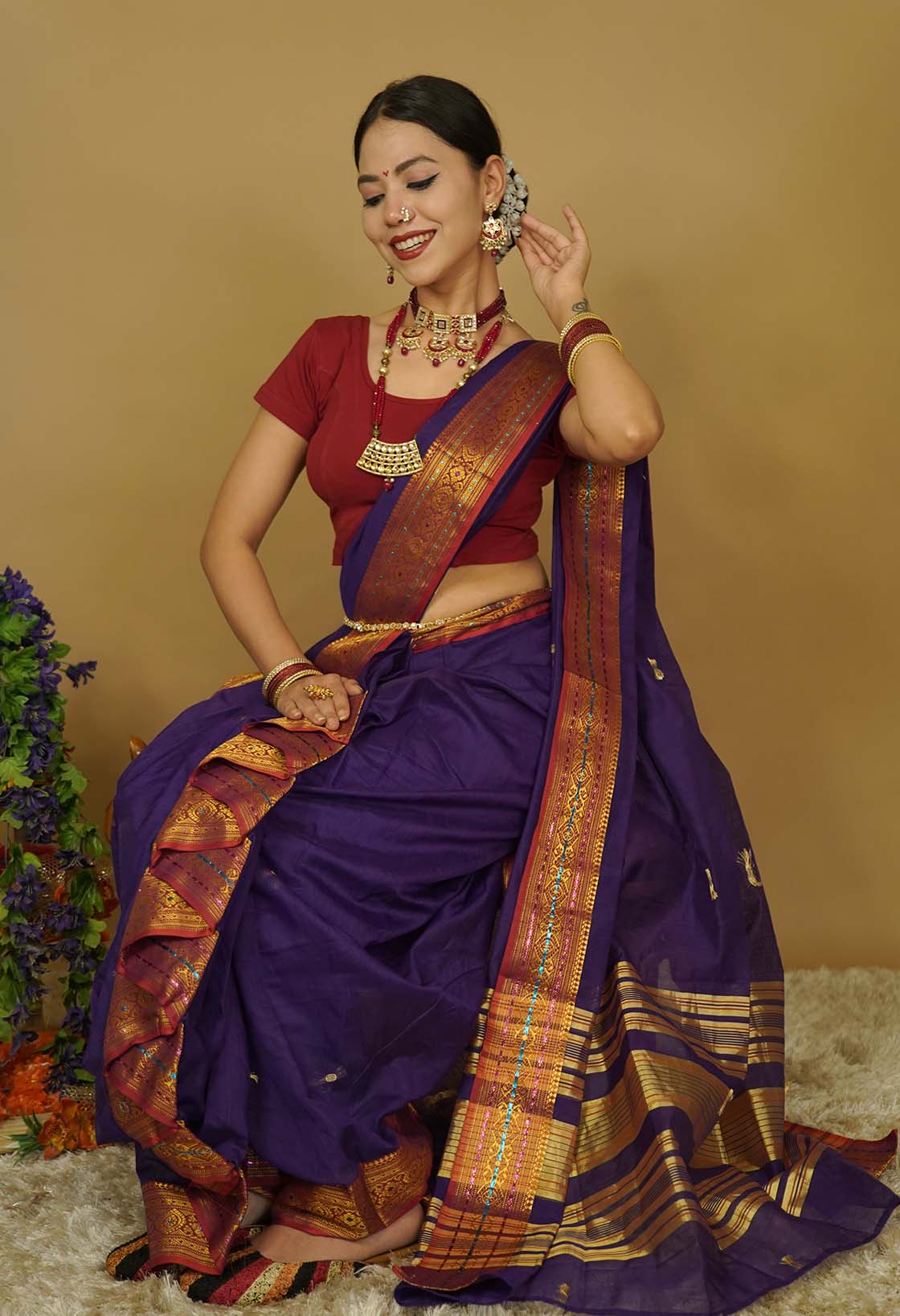 Ready To Wear Maharashtrian Style contrast Traditional Print border With Stone Embellished  Nauwari Saree