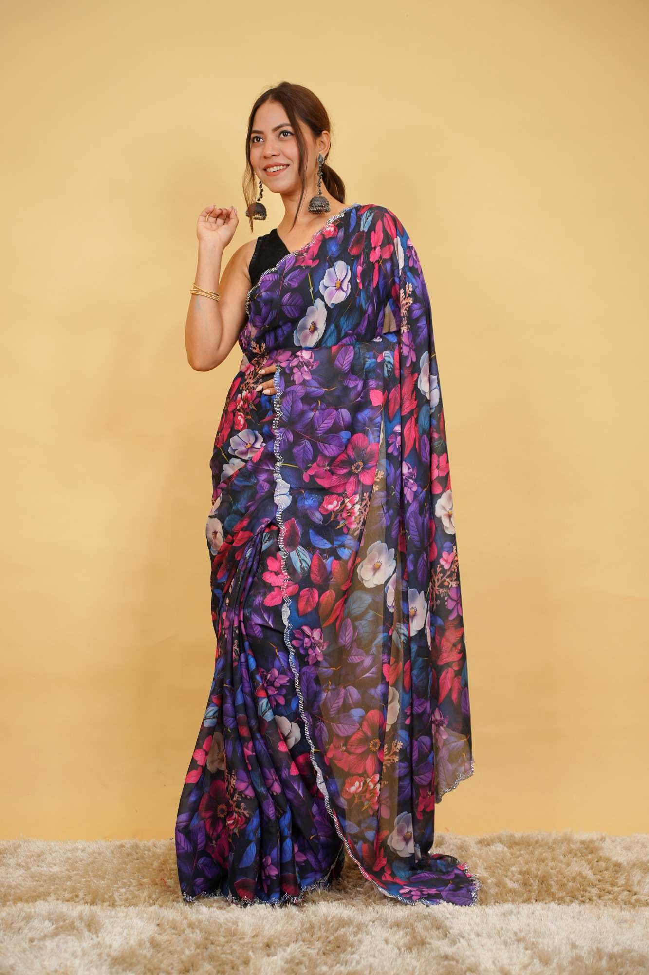 Chiffon Digital Floral Printed with Scalloped Embellished Border Ready To Wear Saree