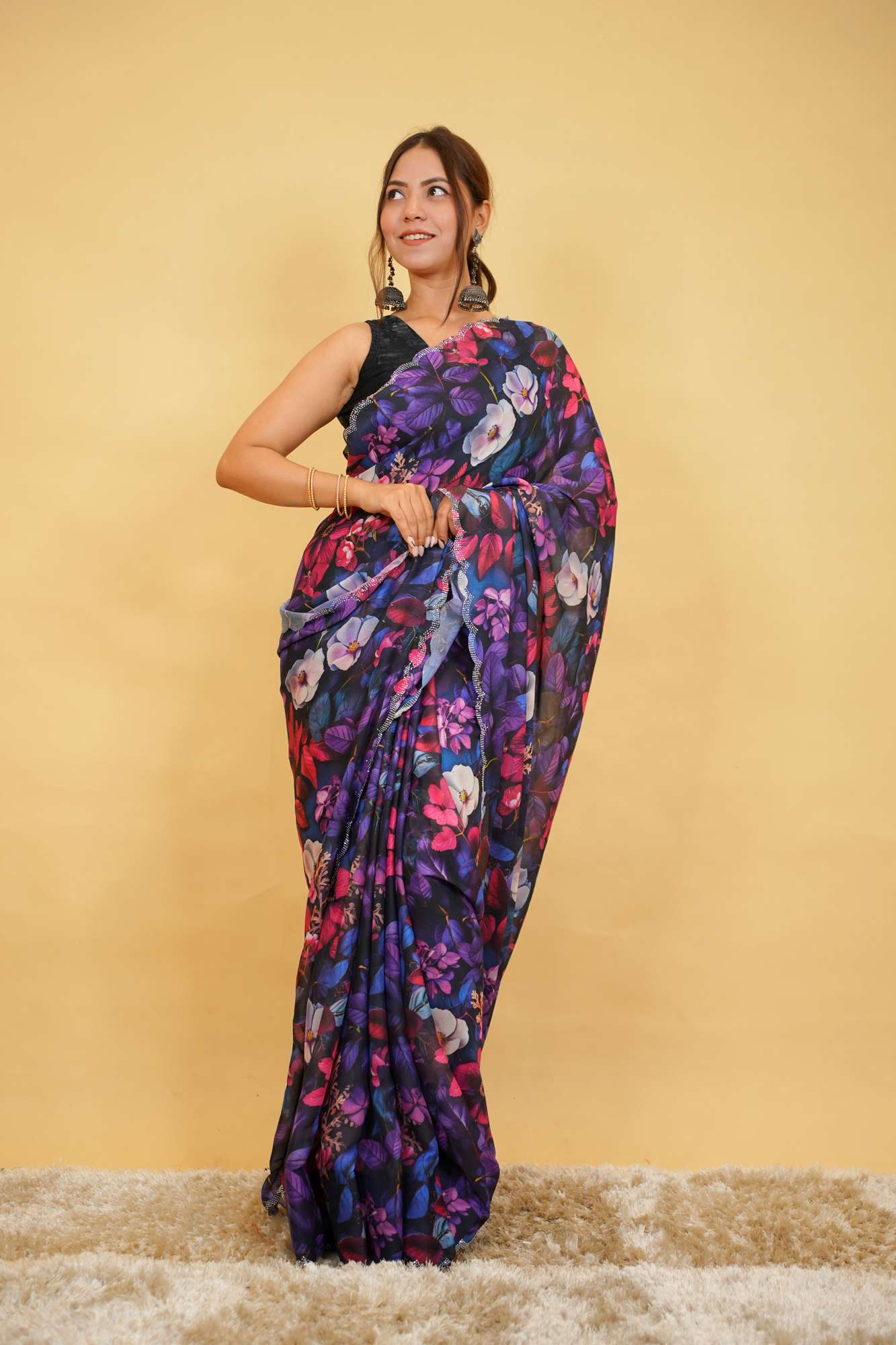 Chiffon Digital Floral Printed with Scalloped Embellished Border Ready To Wear Saree