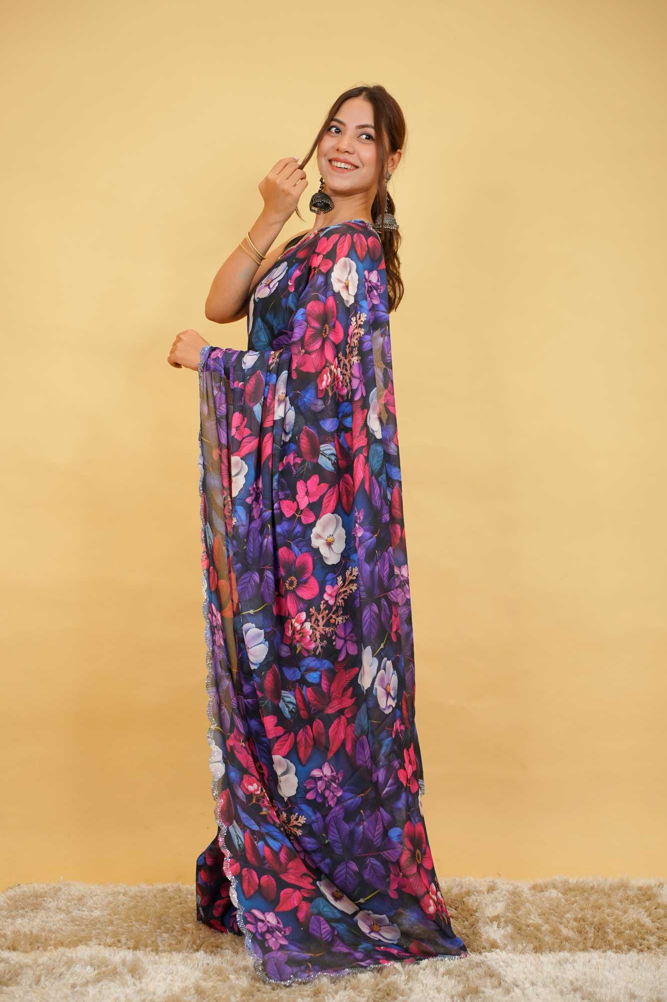 Chiffon Digital Floral Printed with Scalloped Embellished Border Ready To Wear Saree