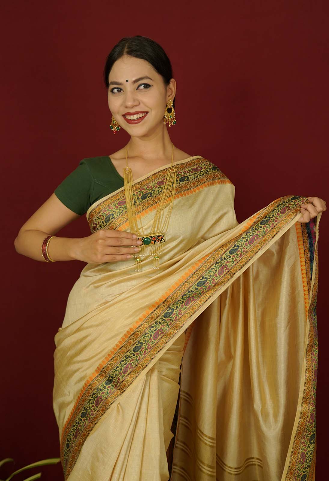 Ready to Wear Kerala sedate sophisticated kasavu khadi silk with Resham Embroidered Border Wrap in 1 minute saree