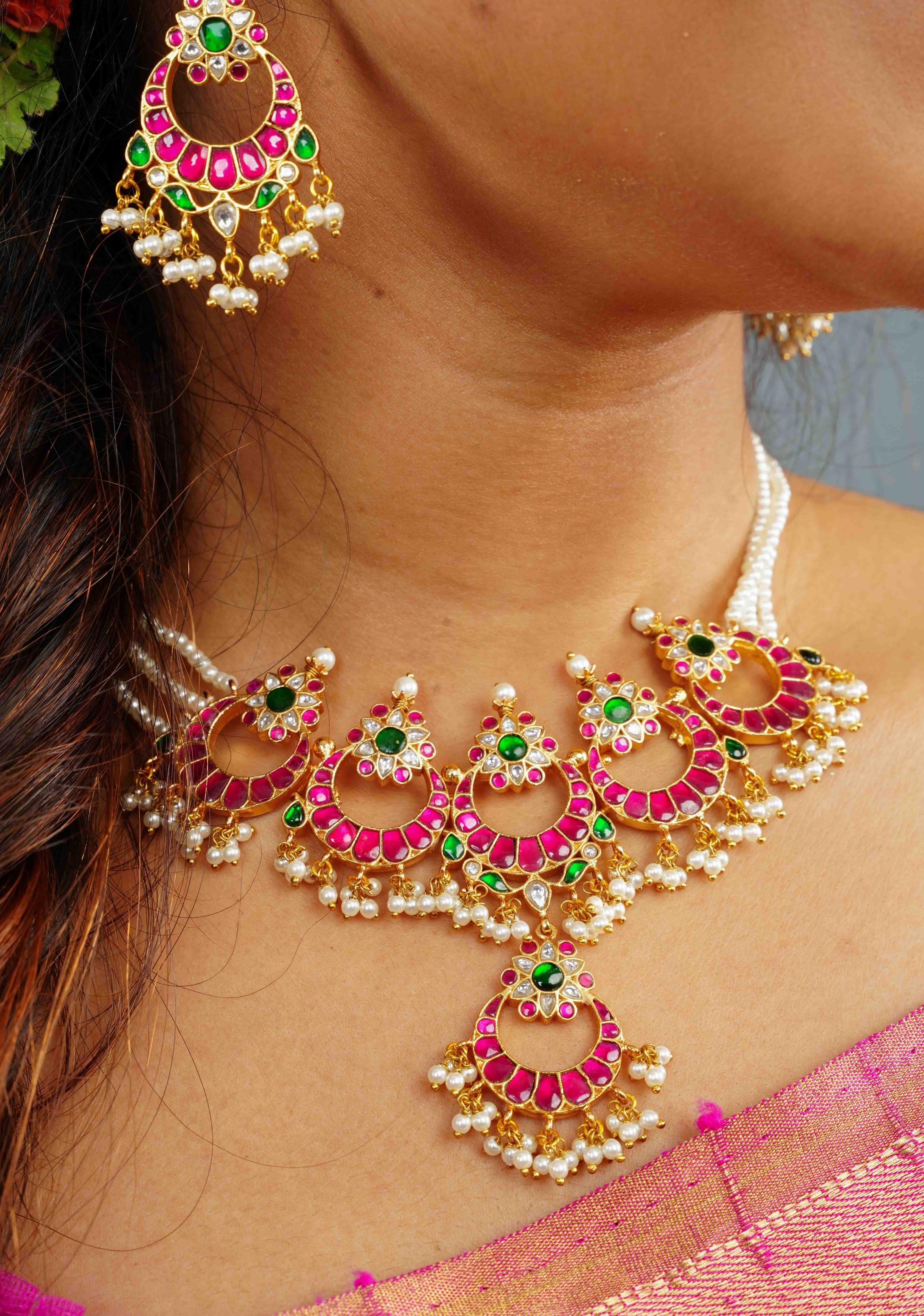 Ahmedabadi kundan Chand Jadau Necklace and Earrings Set | SHOBITAM