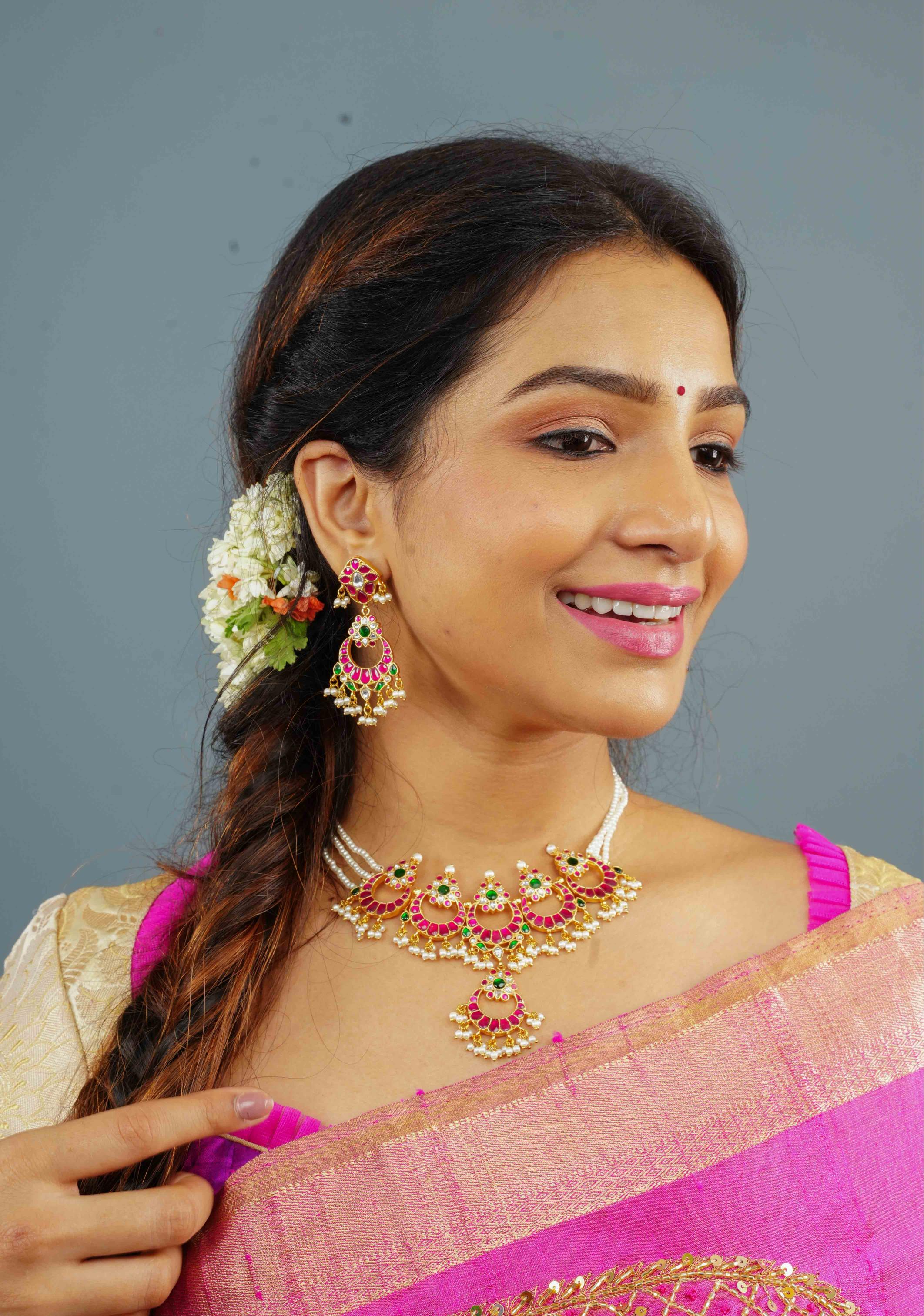 Ahmedabadi kundan Chand Jadau Necklace and Earrings Set | SHOBITAM
