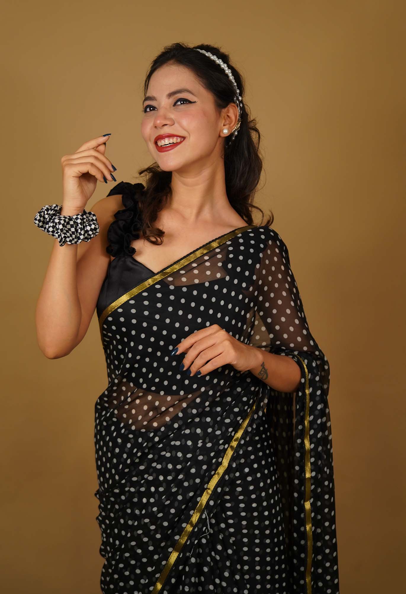 Masaba Follow Black Crepe Print Polka Dot Saree With Unstitched Blouse  Fabric For Women