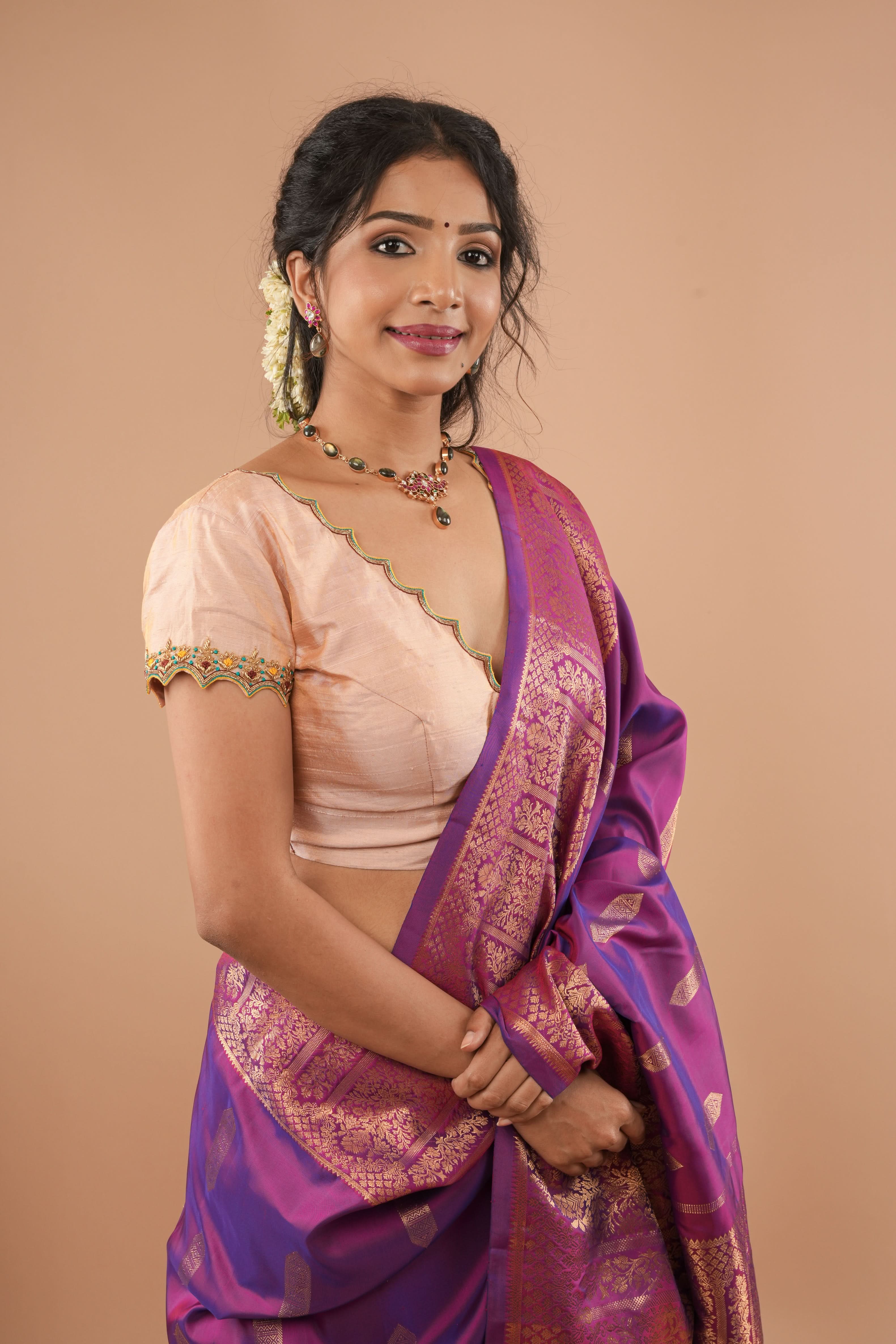 BLOUSE : Sandalwood Pure Tissue  Raw Silk Blouse with scalloped hand embroidery, Customizable, Made to Order | Shobitam