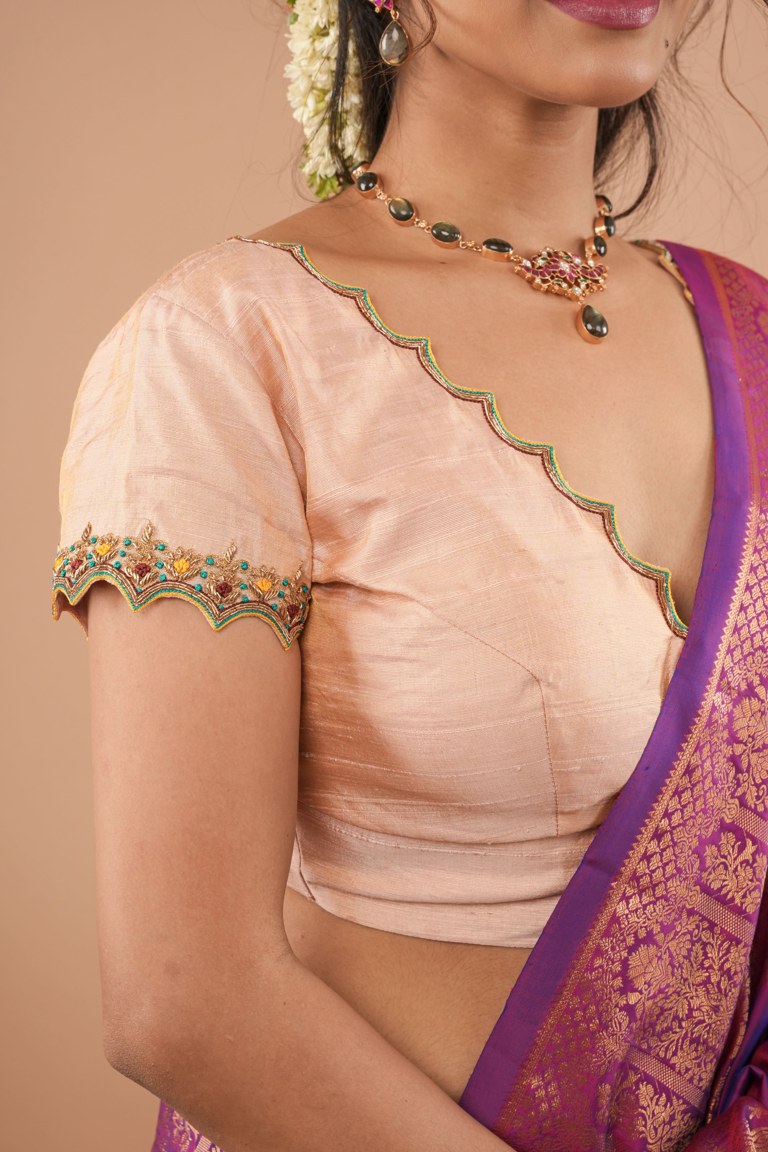 BLOUSE : Sandalwood Pure Tissue  Raw Silk Blouse with scalloped hand embroidery, Customizable, Made to Order | Shobitam