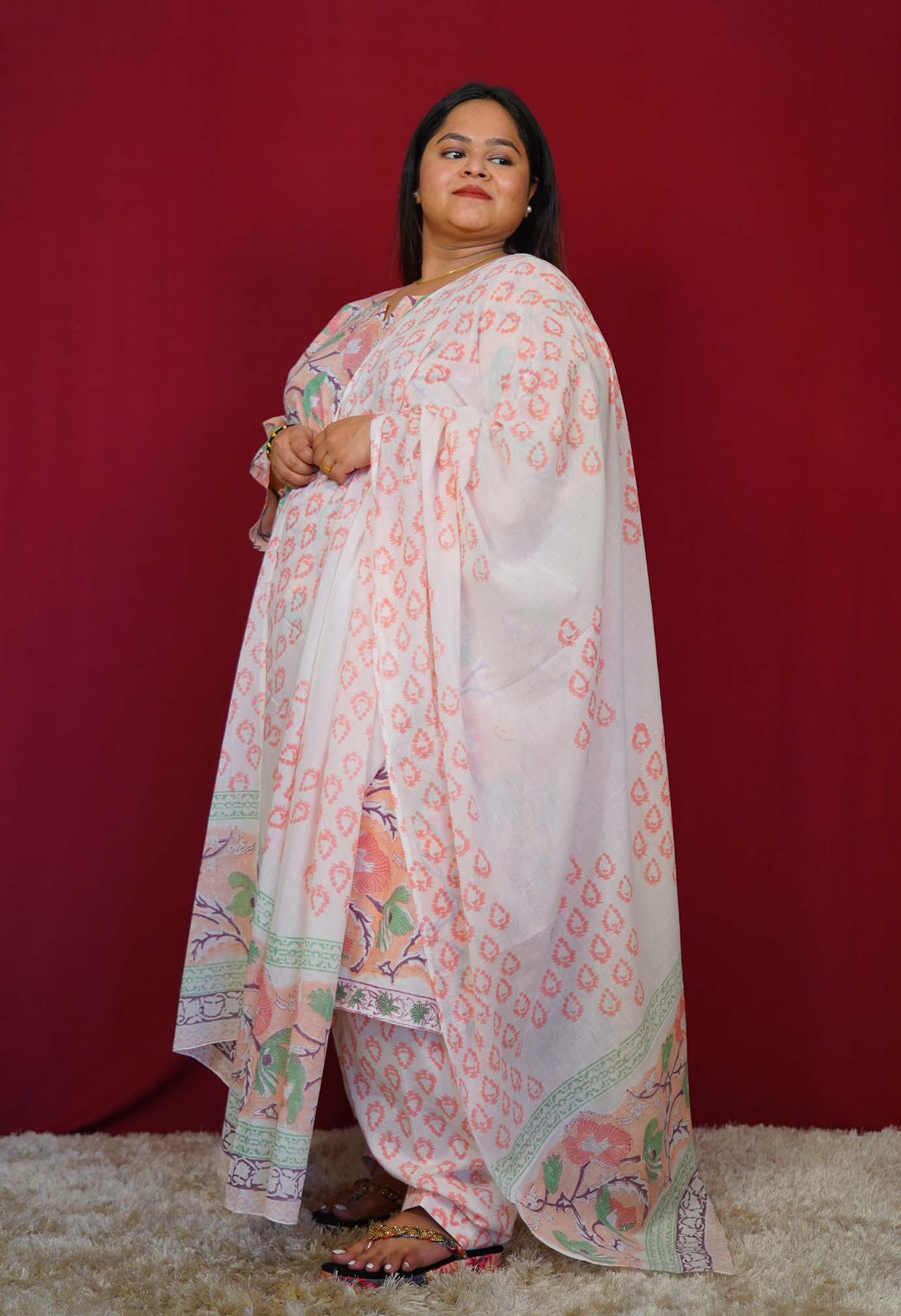 Pink-White Floral Printed Cotton Ready to wear Salwar-Kameez with Dupatta