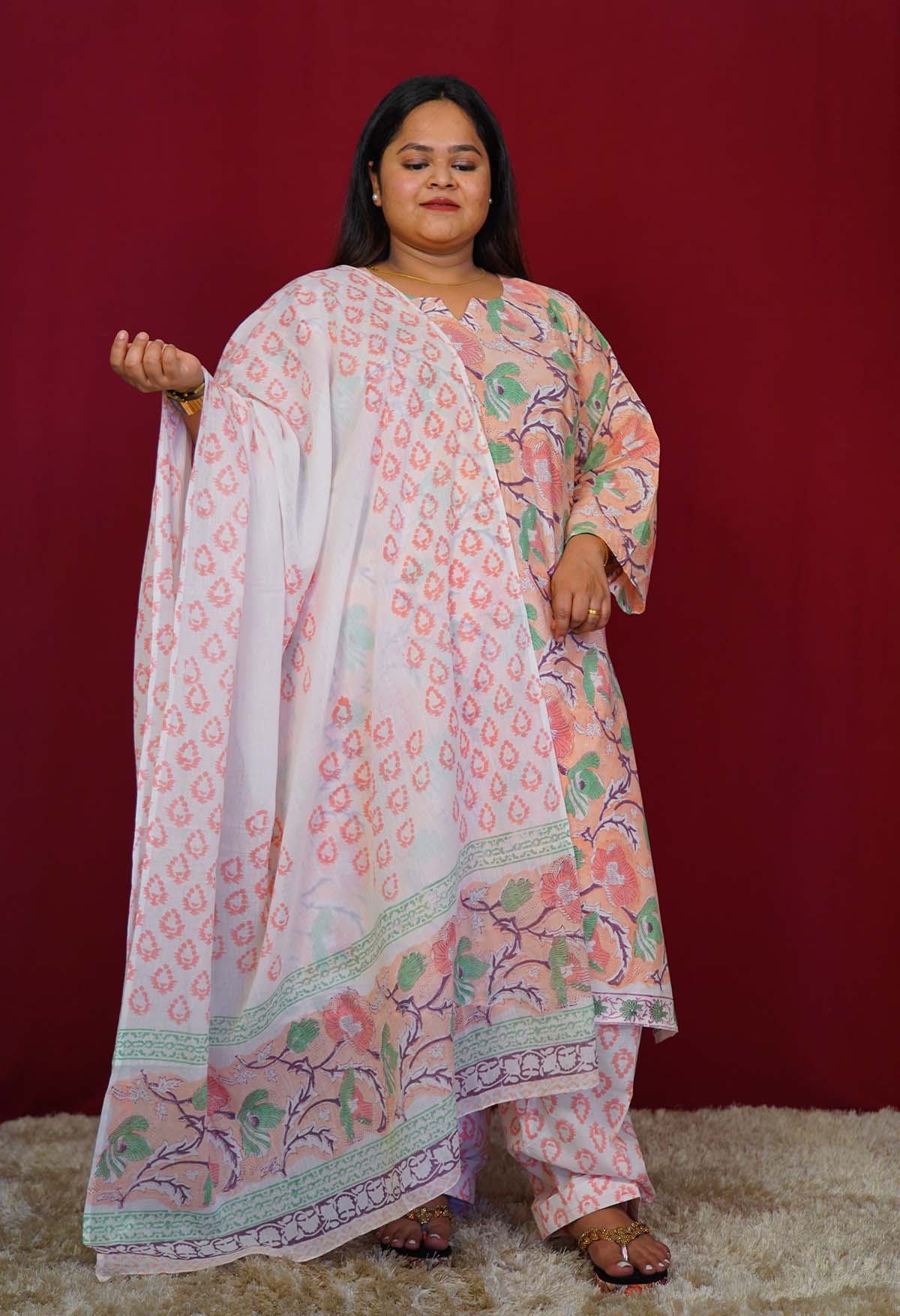 Pink-White Floral Printed Cotton Ready to wear Salwar-Kameez with Dupatta