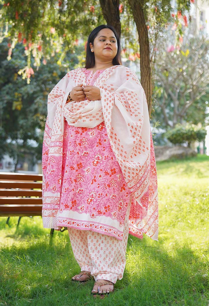 Peach Cotton Mul Mul Printed Ready to wear Salwar-Kameez with Dupatta