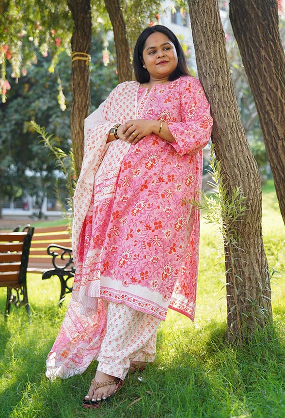 Peach Cotton Mul Mul Printed Ready to wear Salwar-Kameez with Dupatta