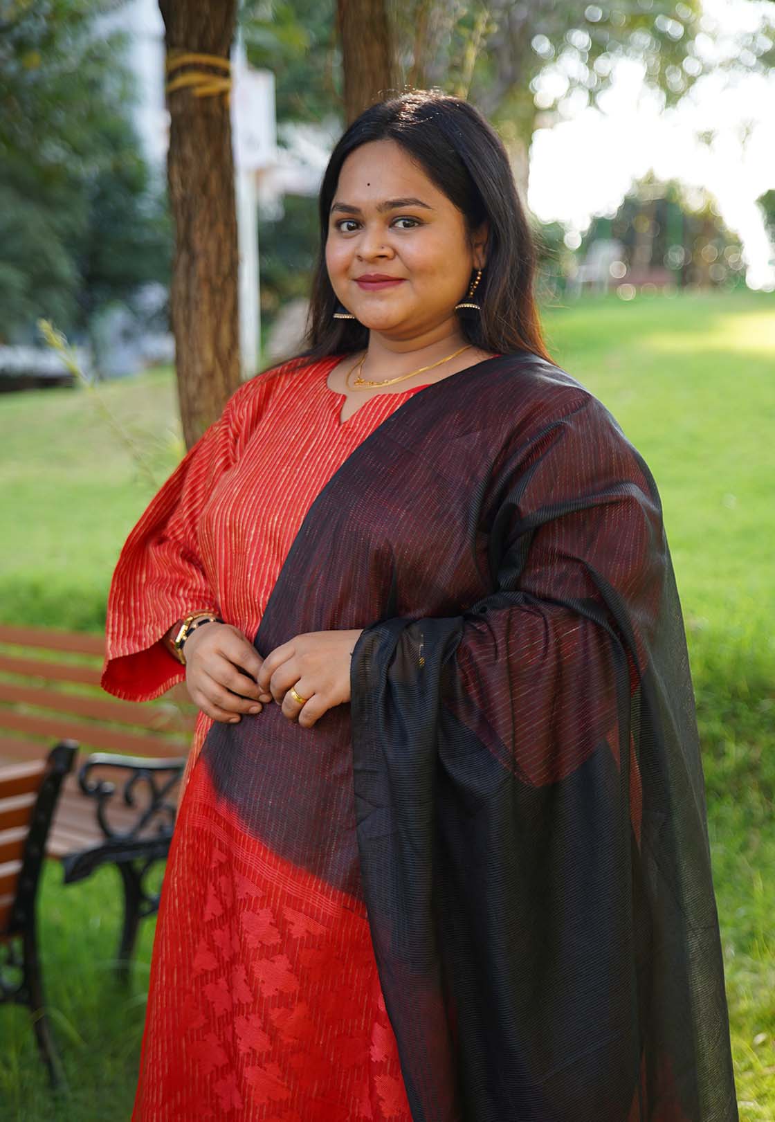 Beautiful Kota Silk Red & Black Suit With zari Intricated work on kurti
