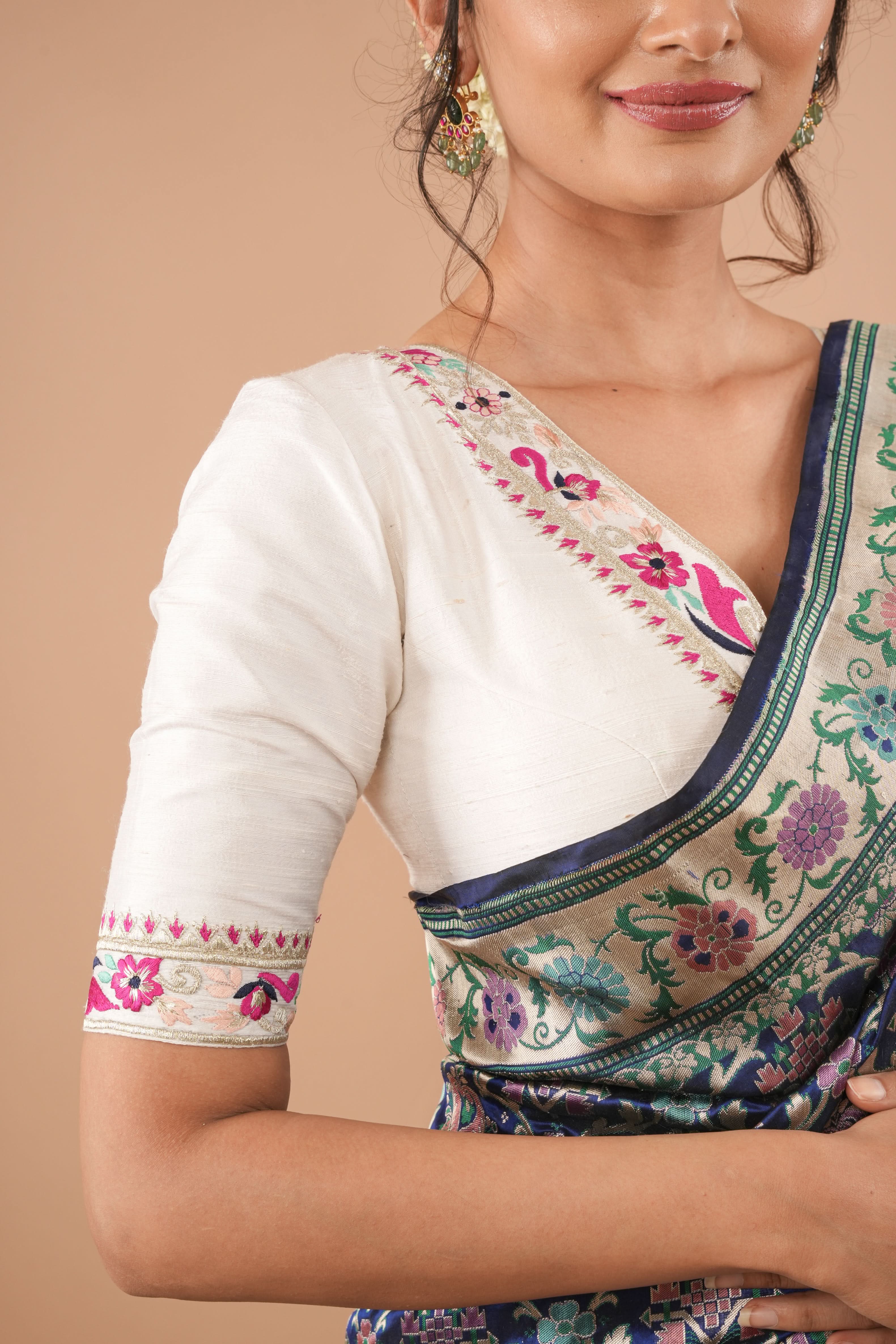 White Pure Raw Silk Blouse With Multicolor machine embroidery, Customizable, Made to order | Shobitam