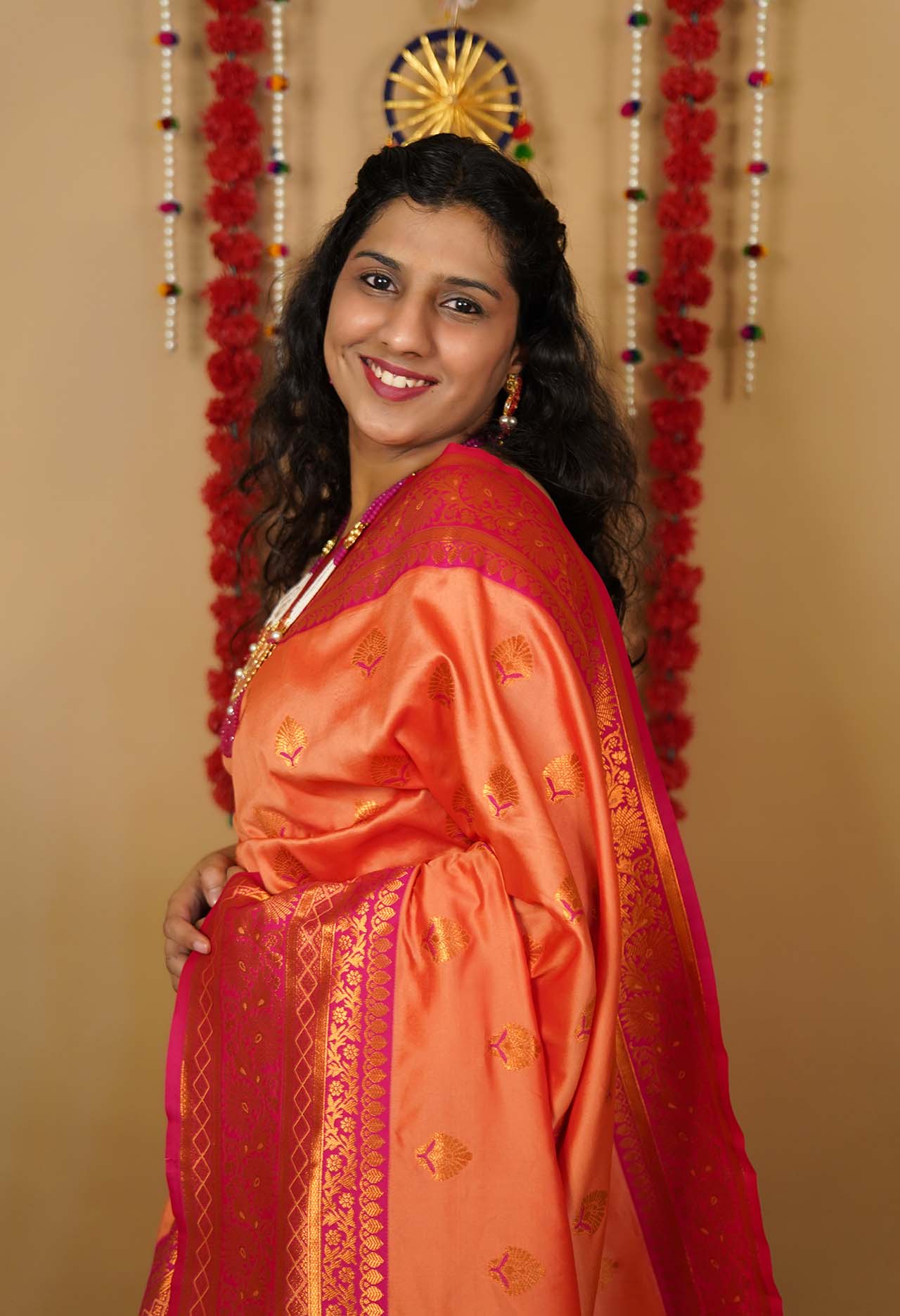 Beautiful Soft Silk Red Saree With Green And Golden Border