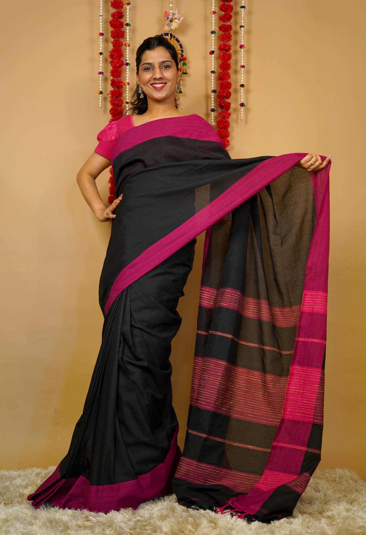 Ready to wear Handloom Weave Black And pink  Wrap in 1 minute Saree