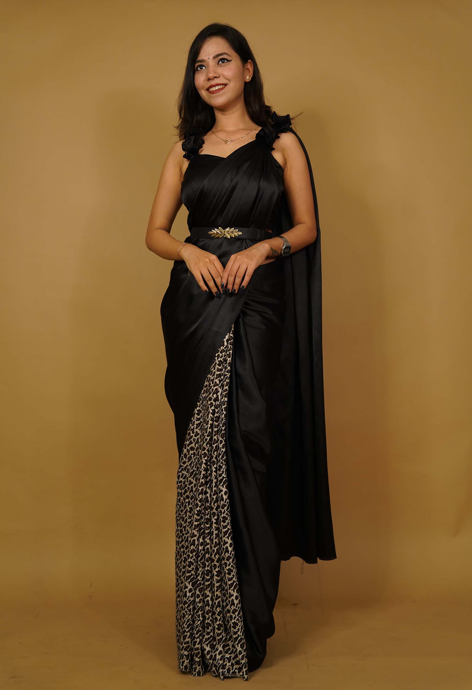 Celebrity readymade saree Black and Animal Print  Satin Half And Half  Wrap in 1 Minute Saree