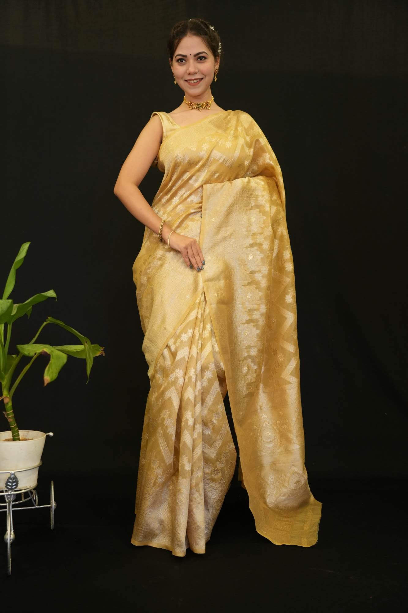 Alluring  Zig Zag Jaal Woven Over All With Floral Detailed Border & Palla Wrap in 1 minute Saree