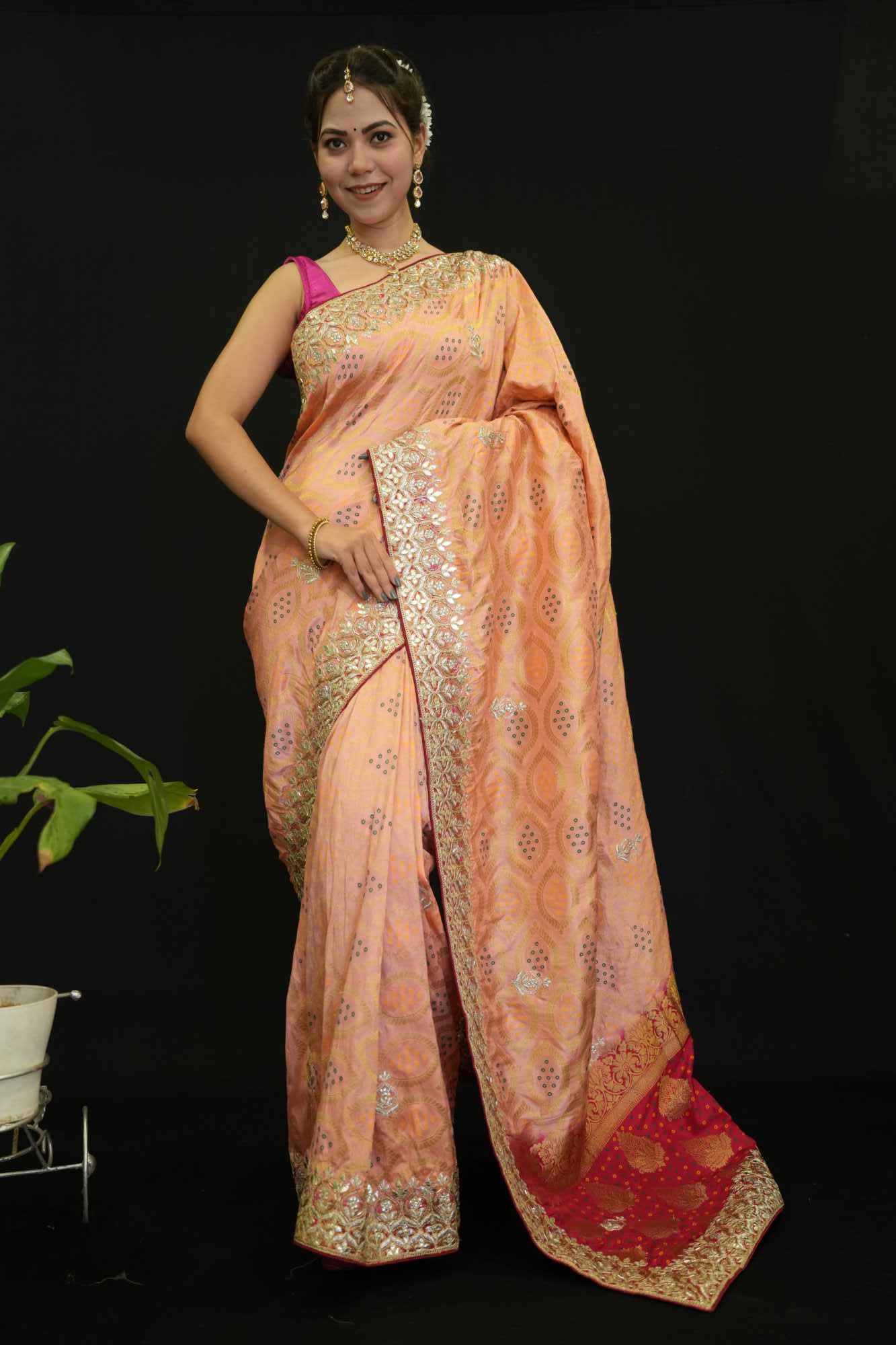 Beautiful Peach With Bandhej Print & Gota Patti Detailed Border Ornate Palla Wrap In One Minute Saree