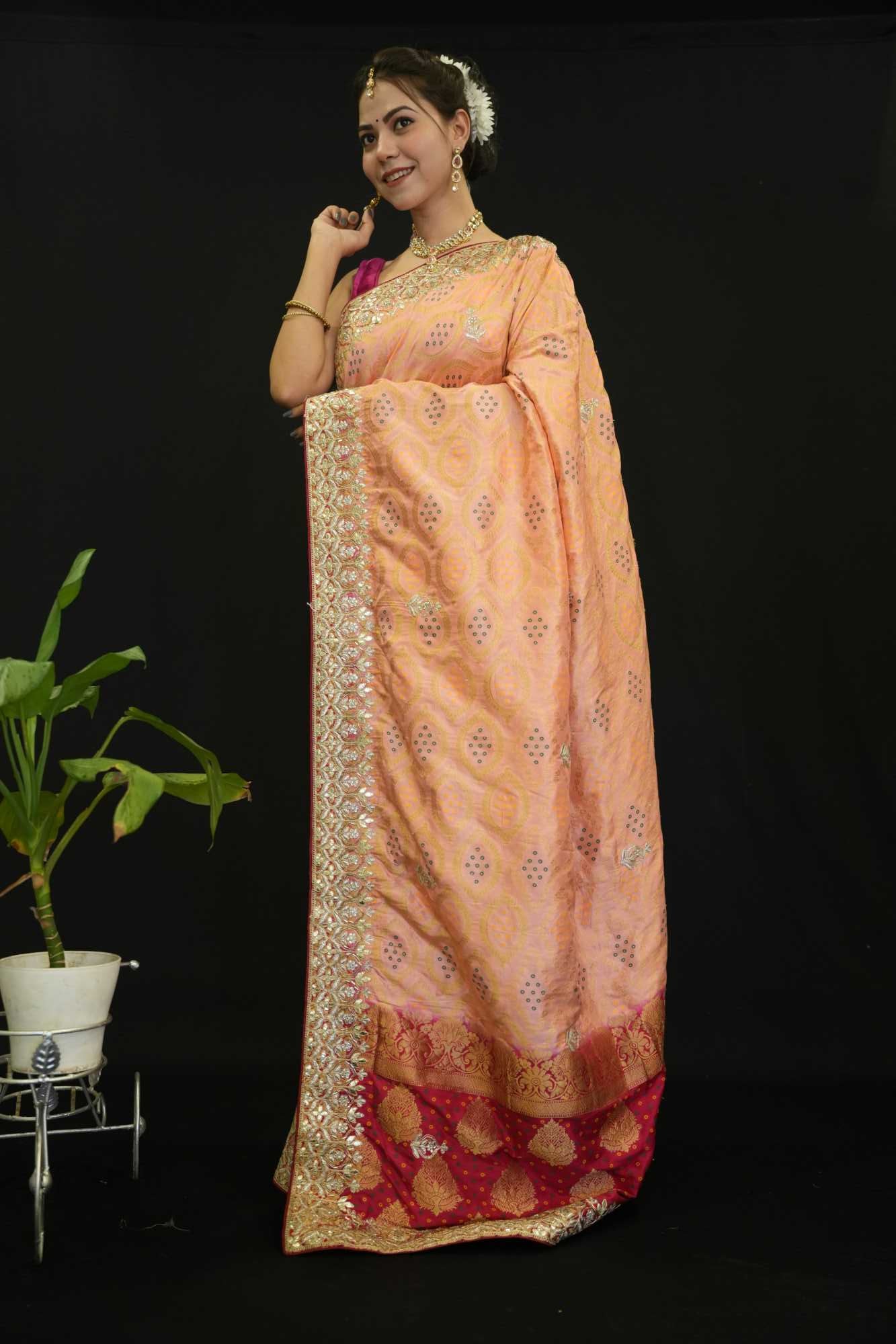 Beautiful Peach With Bandhej Print & Gota Patti Detailed Border Ornate Palla Wrap In One Minute Saree