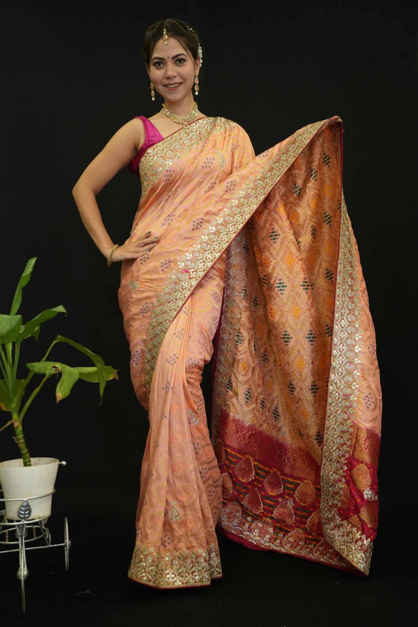 Beautiful Peach With Bandhej Print & Gota Patti Detailed Border Ornate Palla Wrap In One Minute Saree