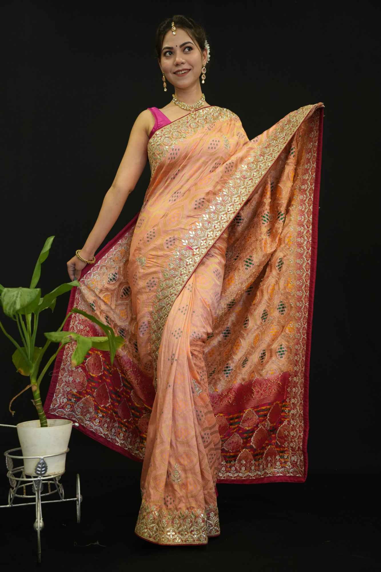 Beautiful Peach With Bandhej Print & Gota Patti Detailed Border Ornate Palla Wrap In One Minute Saree