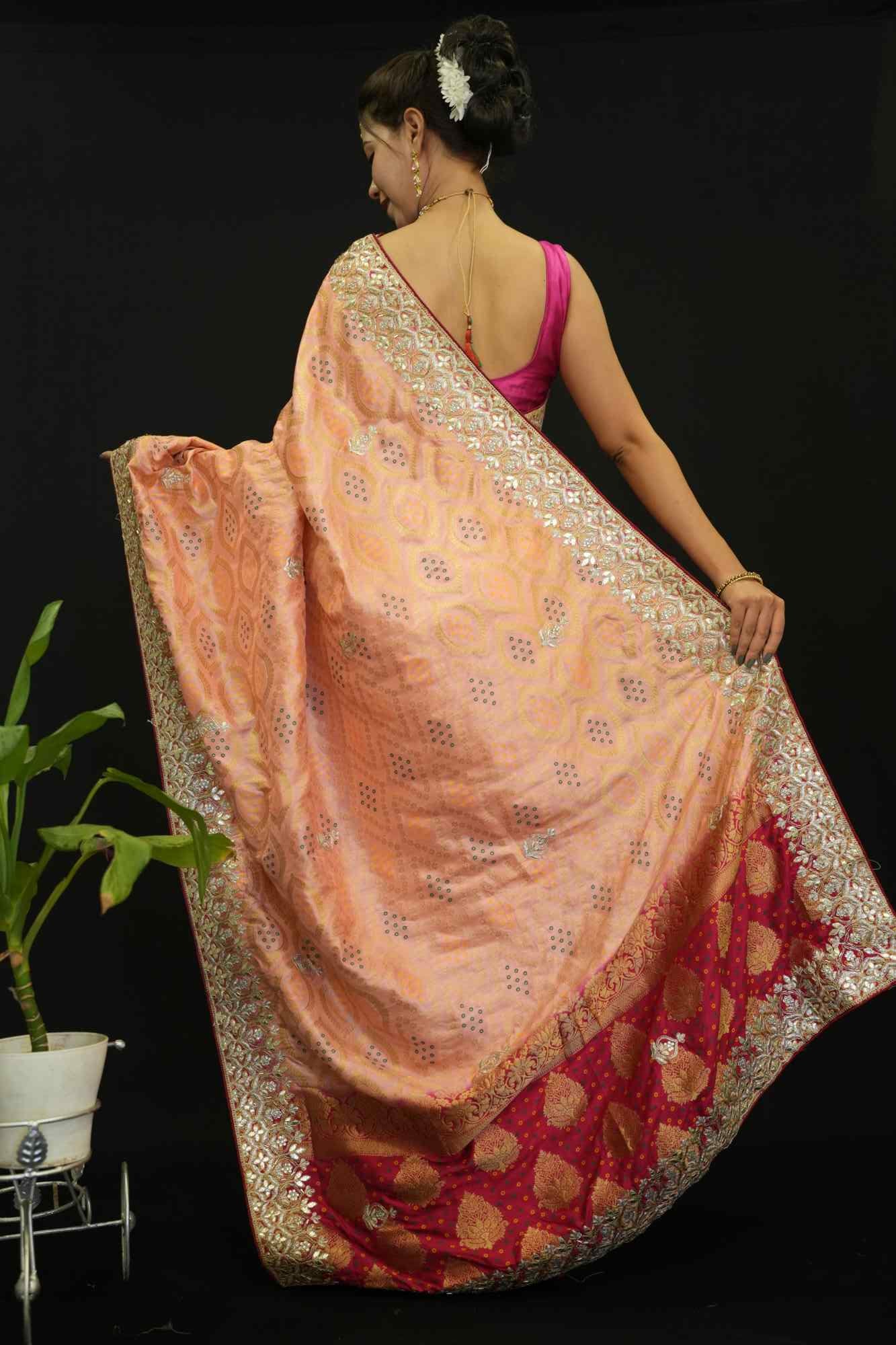 Beautiful Peach With Bandhej Print & Gota Patti Detailed Border Ornate Palla Wrap In One Minute Saree