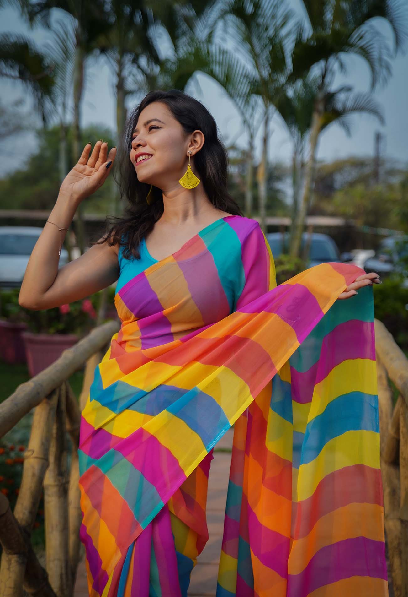 Stylish Rainbow colorblocked Striped  pure chiffon wrap in one minute saree