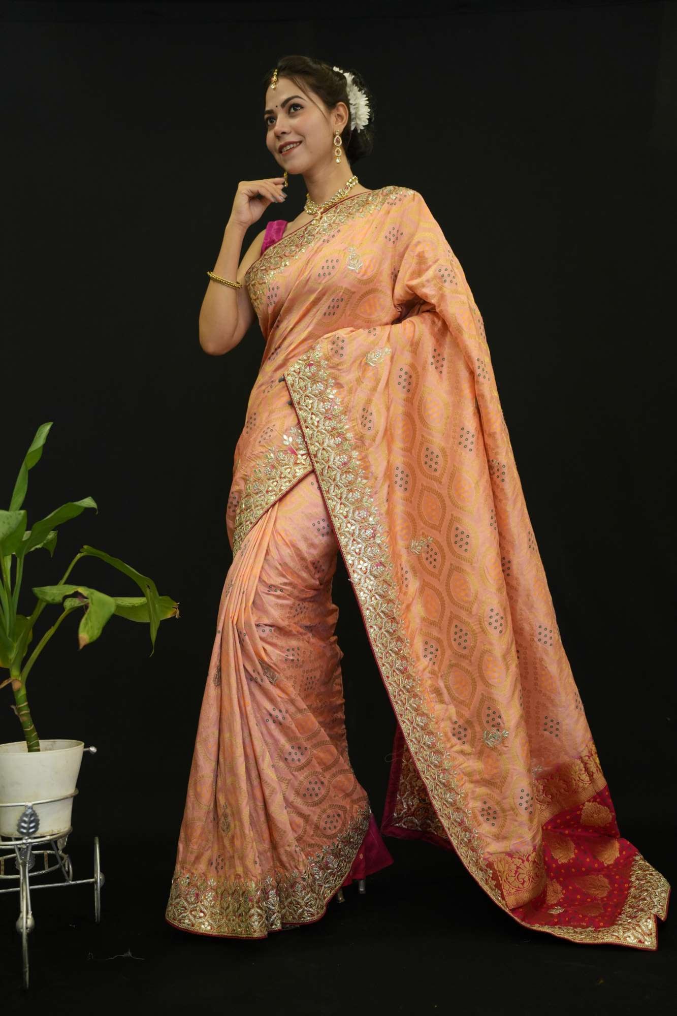 Beautiful Peach With Bandhej Print & Gota Patti Detailed Border Ornate Palla Wrap In One Minute Saree