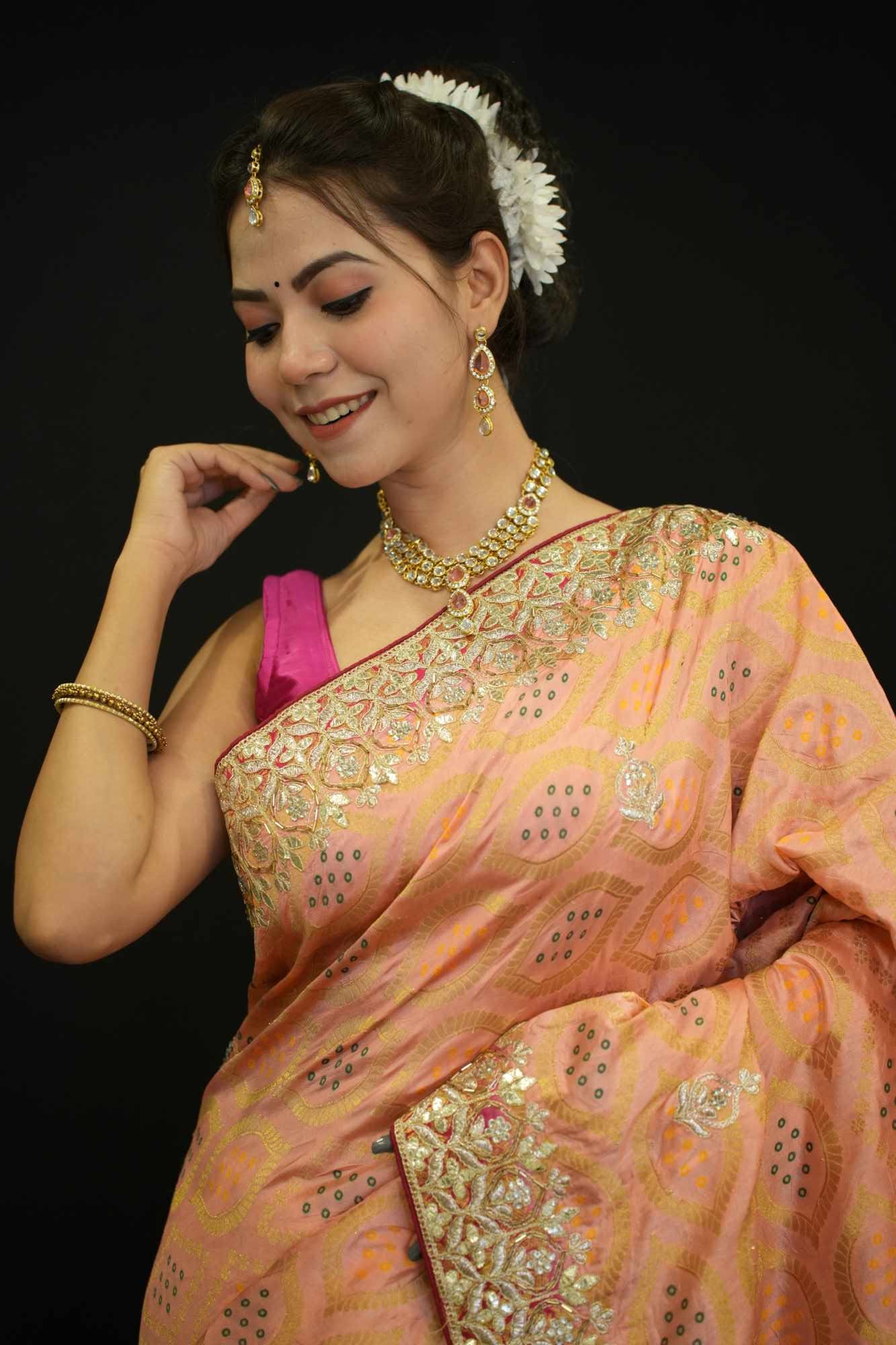 Beautiful Peach With Bandhej Print & Gota Patti Detailed Border Ornate Palla Wrap In One Minute Saree