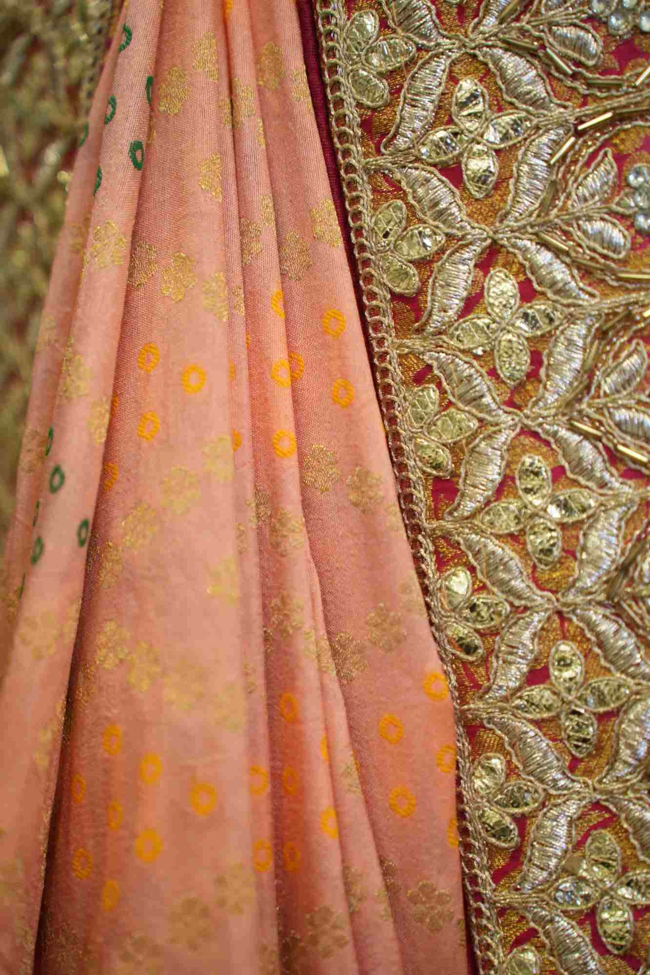 Beautiful Peach With Bandhej Print & Gota Patti Detailed Border Ornate Palla Wrap In One Minute Saree