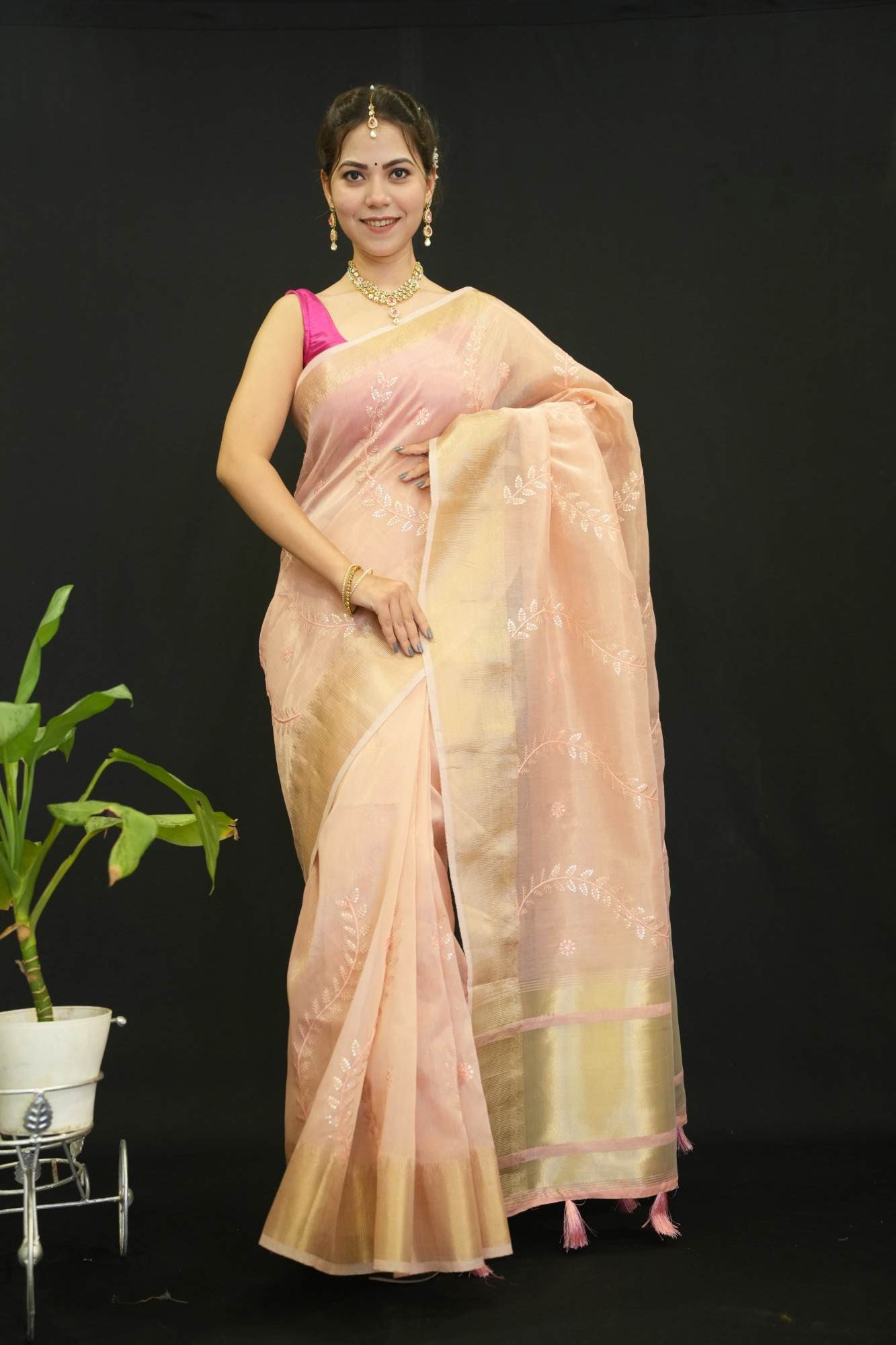 Beautiful Peach Kota  With Detailed Sequin Motif Embllished  Overall  Wrap In One Minute Saree