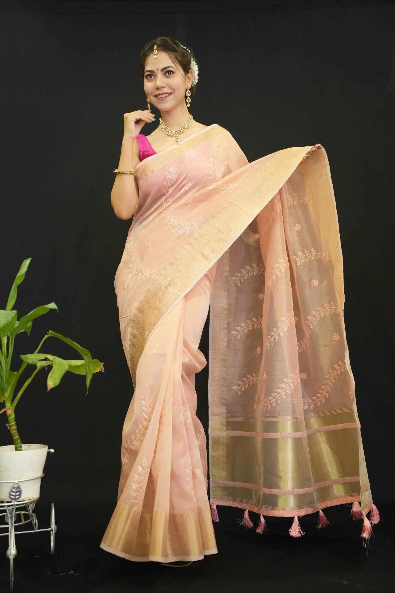 Beautiful Peach Kota  With Detailed Sequin Motif Embllished  Overall  Wrap In One Minute Saree