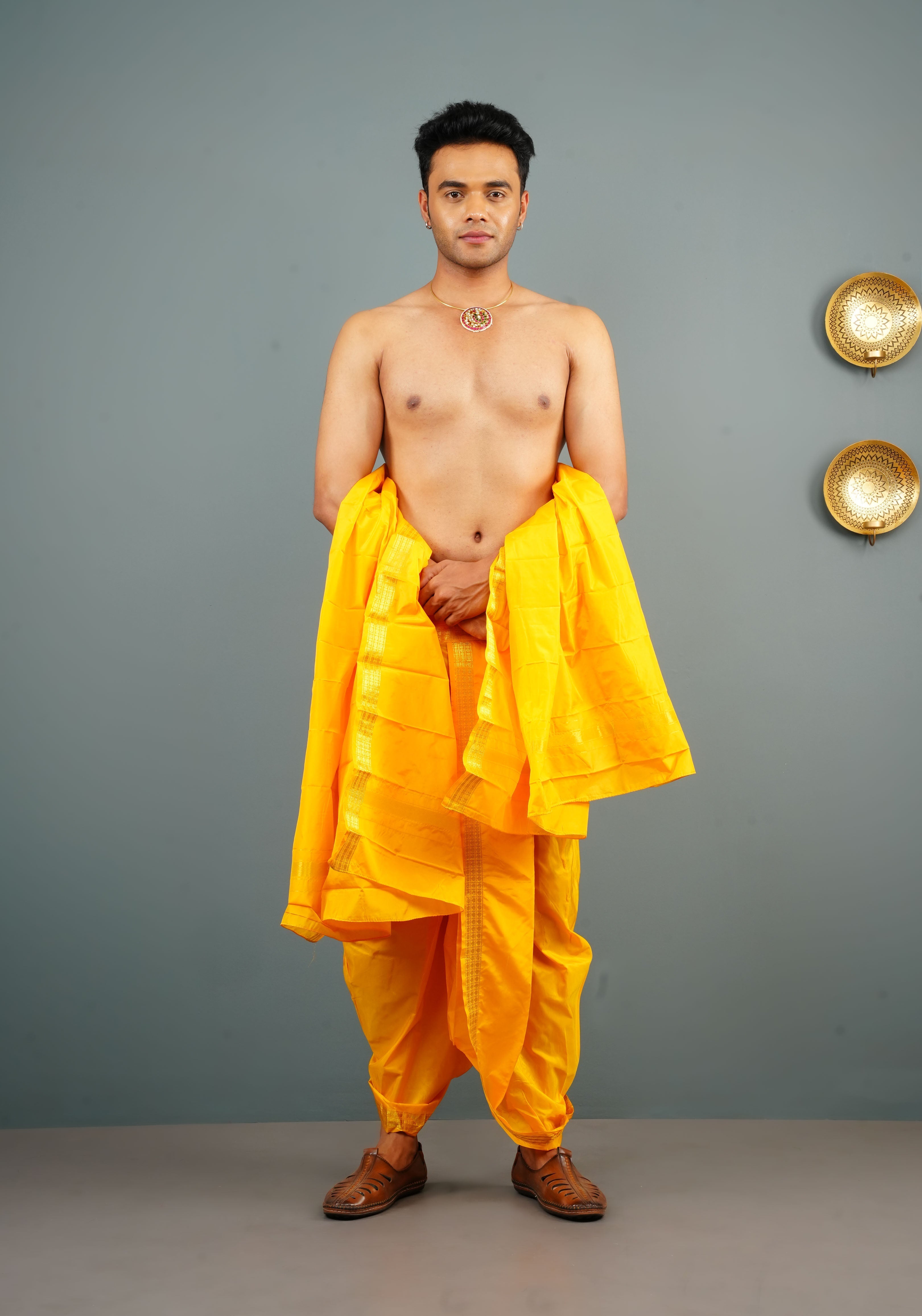 Yellow Stitched Dhoti and Angavastram 2 PIece Set | Shobitam
