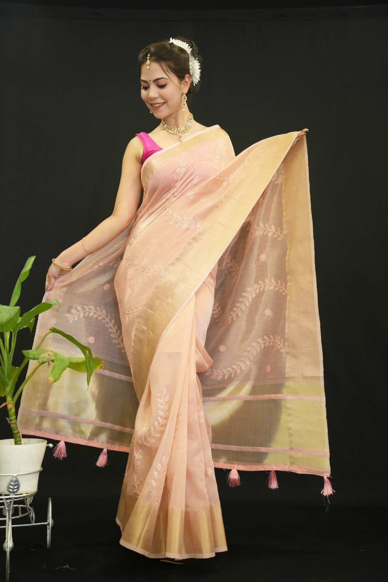 Beautiful Peach Kota  With Detailed Sequin Motif Embllished  Overall  Wrap In One Minute Saree