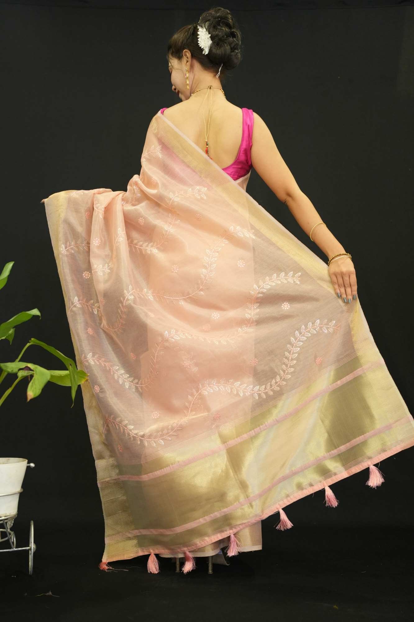 Beautiful Peach Kota  With Detailed Sequin Motif Embllished  Overall  Wrap In One Minute Saree