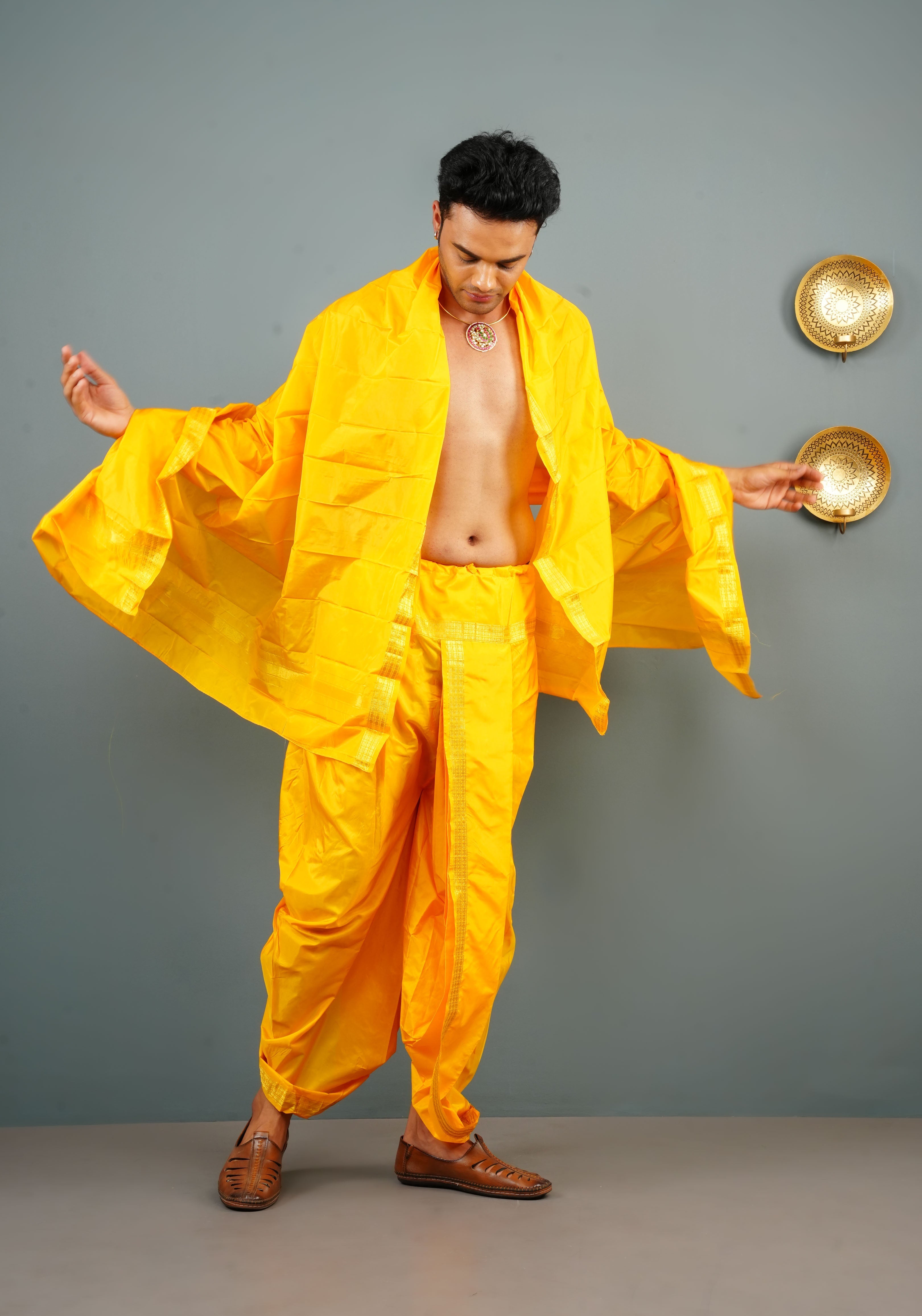 Yellow Stitched Dhoti and Angavastram 2 PIece Set | Shobitam