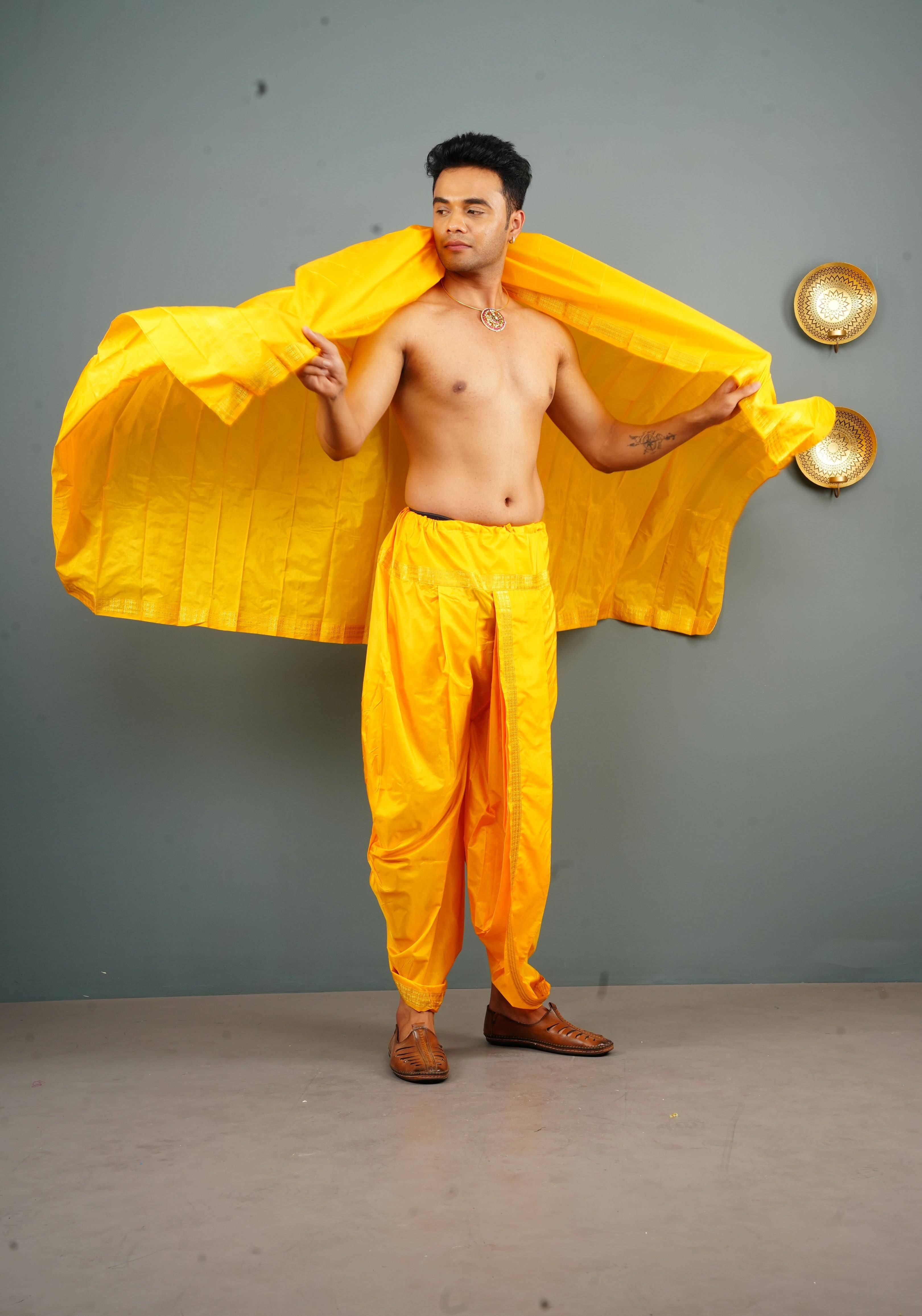 Yellow Stitched Dhoti and Angavastram 2 PIece Set | Shobitam