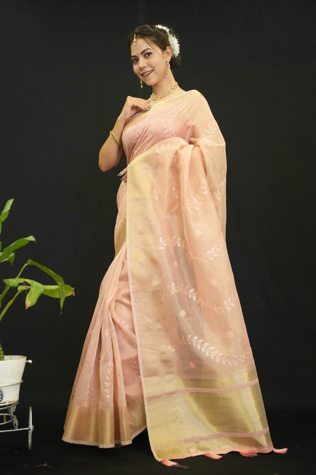 Beautiful Peach Kota  With Detailed Sequin Motif Embllished  Overall  Wrap In One Minute Saree