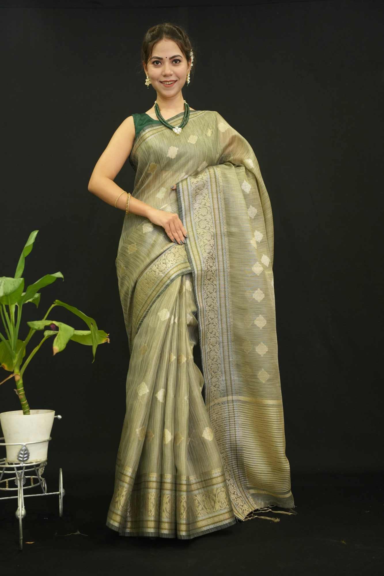 Olive Green Cotton Silk With Butta Overall Tassels On Palla Zari Detailed Border Wrap In One minute saree