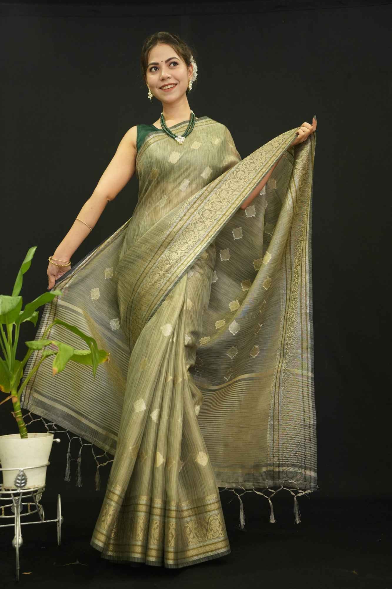 Olive Green Cotton Silk With Butta Overall Tassels On Palla Zari Detailed Border Wrap In One minute saree