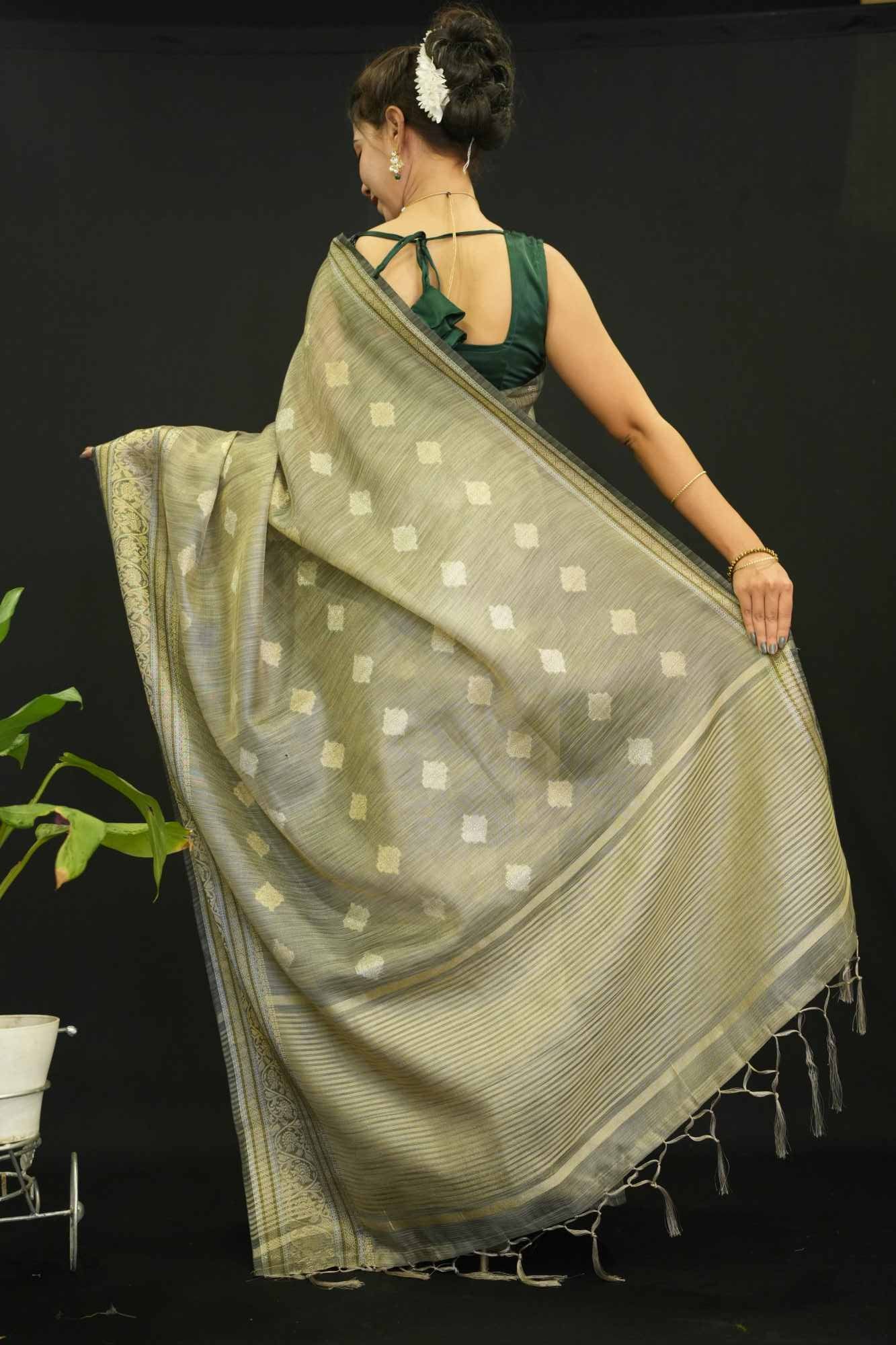 Olive Green Cotton Silk With Butta Overall Tassels On Palla Zari Detailed Border Wrap In One minute saree