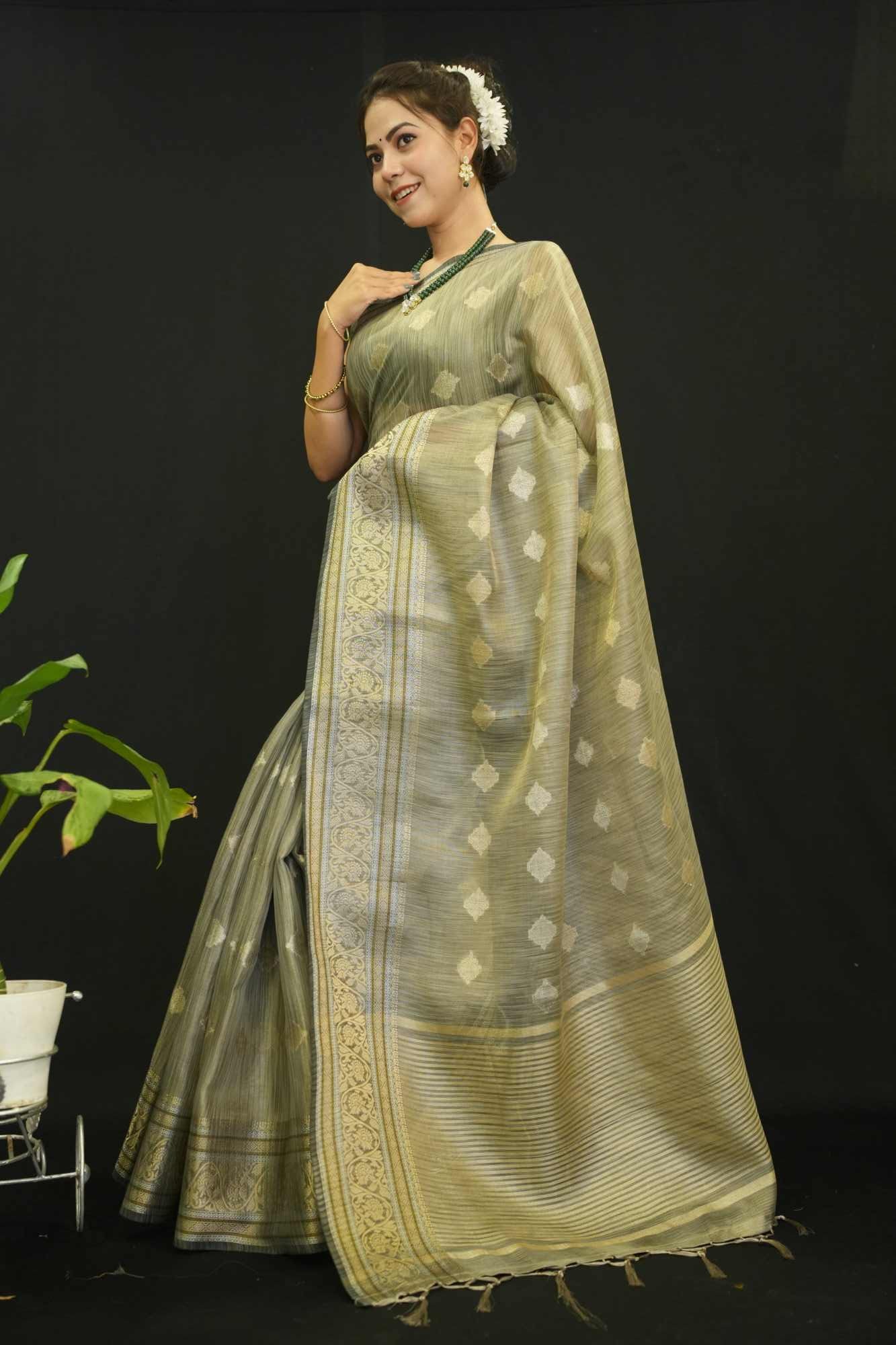 Olive Green Cotton Silk With Butta Overall Tassels On Palla Zari Detailed Border Wrap In One minute saree